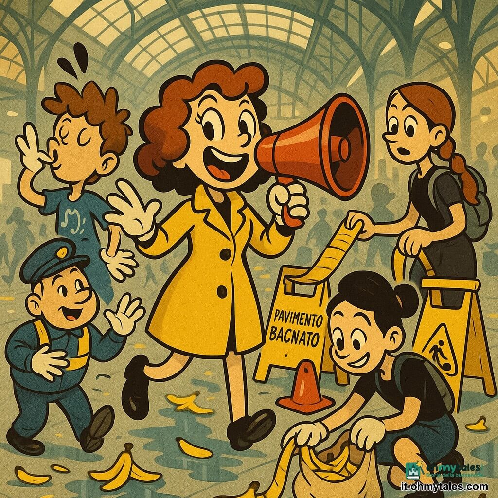 Una donna, Nina, allegra e determinata, capelli corti ricci color castano-ramato, con cappotto giallo brillante e scarpe silenziose lucide, tiene un grande megafono rosso e dirige la folla; a sinistra Leo, ragazzo di ~12 anni con capelli castani arruffati e maglietta blu, fischia e indica i passanti; a destra Sara, circa 19 anni, lunga treccia rossa e zaino grigio, posa cartelli “PAVIMENTO BAGNATO” e srotola nastro giallo; vicino ai piedi di Nina una giovane di ~18 anni con chignon nero raccoglie banane in una sacca di tela; sullo sfondo un addetto alla sicurezza di ~45 anni con berretto blu e giubbotto riflettente distribuisce guanti vicino a un carrello rovesciato; il luogo è una grande stazione centrale in vetro e acciaio con volte luminose, pannelli elettronici e pavimento lucido cosparso di banane e piccole pozzanghere; scena comica-caotica ma controllata, team improvvisato crea un corridoio di sicurezza mentre tutti ridono, gesti dinamici, colori saturi e contorni marcati.