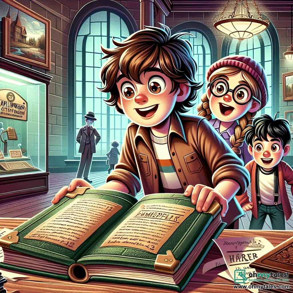 A 12-year-old boy, Sam, with messy brown hair and sparkling curious eyes, leans over an old green leather book, his face lit up with excitement and wonder. Next to him, Mia, an 11-year-old girl with braided blonde hair and round glasses, attentively observes the book, her eyes wide open and full of enthusiasm. Leo, a 12-year-old boy with black hair and a red cap, stands a bit back with his arms crossed and a mischievous smile, ready to make a joke. The scene takes place in the Maplewood city museum, a mysterious place with old brick walls filled with glass cases containing dusty historical objects. Paintings on the walls depict scenes from local history, while dim lighting creates an intriguing atmosphere. In the center of the illustration, Sam discovers a mysterious page that fell from the book, covered in strange symbols, as Mia and Leo encourage him to decipher the code, all three immersed in an exciting adventure at the heart of the museum.