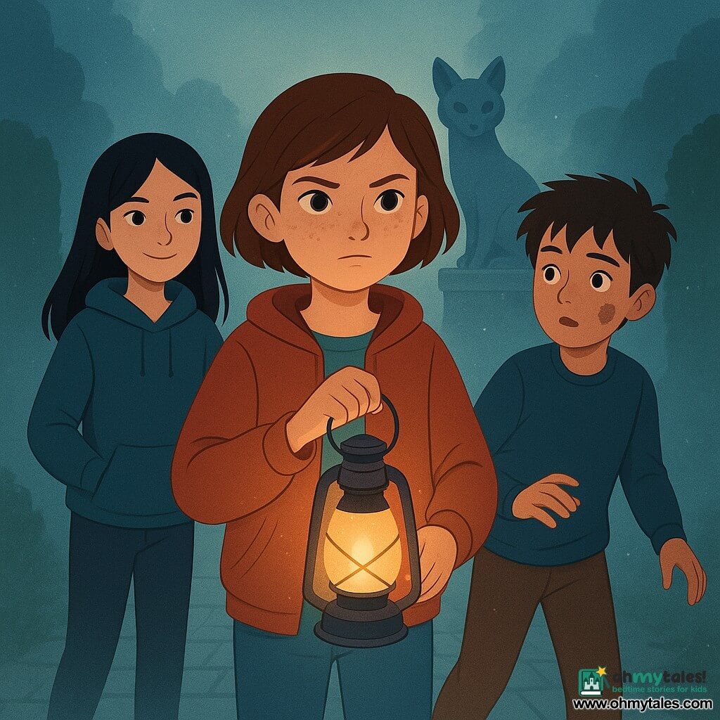 A 12-year-old girl with short brown hair and freckles, attentive and determined, holds a warm lantern and moves cautiously through luminous fog; her friend Mina, 12, with long black hair, smirks reassuringly with hands in her pockets slightly left and behind, while a 12-year-old boy with messy hair and a chocolate smear on his cheek stands to the right in shadow, reaching hesitantly; they are in a foggy garden with shiny paved paths, blurred tall hedges and a central stone fox statue with polished eyes, mist droplets sparkling like silver dust; the scene is a gentle confrontation—she suggests walking side by side instead of handing over the lantern, the warm light forming a clear circle around them, calm tension and hope; soft contrasting colors, smooth textures and crisp outlines in a clean vector children's-book style.