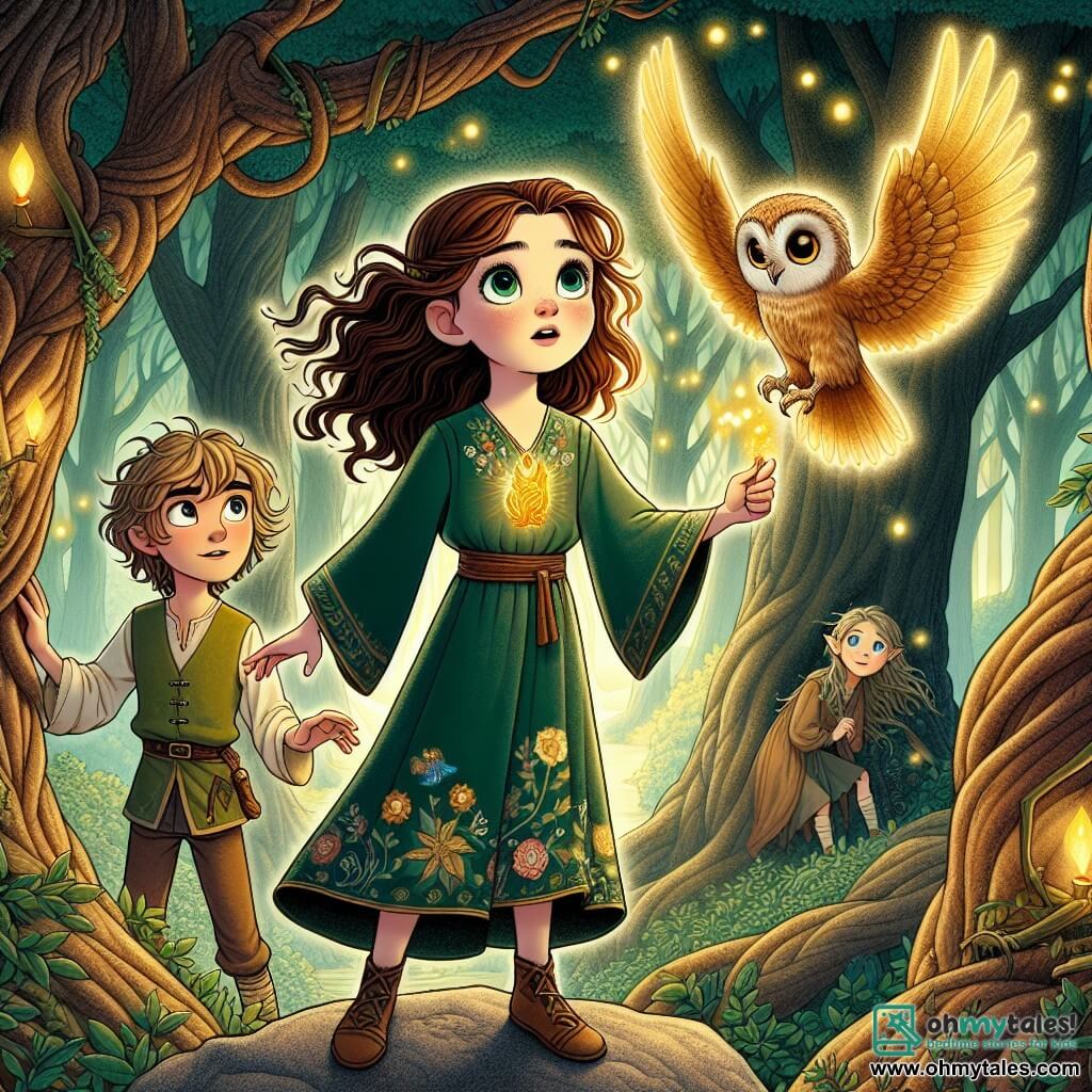 In the center of the image, a 12-year-old girl named Elara, with wavy brown hair and sparkling curious eyes, stands on a rock overlooking an enchanting landscape. She wears a green tunic adorned with floral patterns and a phoenix-shaped pendant that shines with a golden light, her face expressing both wonder and determination. To her right, a wise owl with golden feathers and large piercing eyes looks at her kindly, perched on a tree branch. To her left, an 11-year-old boy with messy blonde hair and a mischievous smile holds a wooden stick and seems ready to join her on the adventure. The setting is a magical forest with twisted tree trunks and shimmering leaves, bathed in soft golden light, while fireflies dance around them, adding a touch of whimsy. The main scene shows Elara raising her arm, holding the pendant that emits a bright glow, as she calls the phoenix that majestically rises into the sky, ready to guide them to their next adventure.