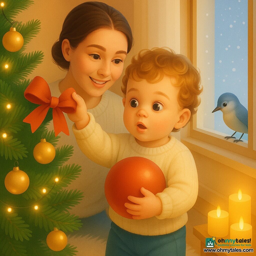 A 2-year-old boy with a round face, rosy cheeks, light brown curly hair and bright wide eyes, wearing an expression of wonder, holds a large red ball and reaches to place a big red bow on a dense green Christmas tree while his mother (about 30, hair in a low bun, cream wool sweater) stands behind him with a hand on his shoulder; a small gray-blue bird taps the window from the sill; the cozy living room has light wood floors, a white faux-fur rug, a large window with visible snow, golden baubles and lights on the tree, and amber LED candles, all bathed in soft golden light.