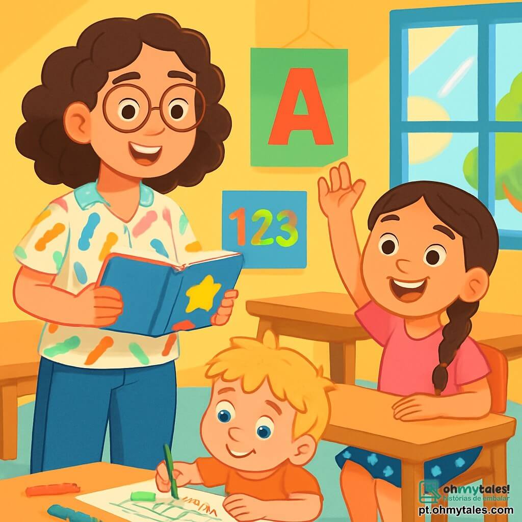 Uma professora, Clara, uma mulher de cerca de trinta anos com cabelos castanhos cacheados e óculos redondos, sorri alegremente segurando um livro aberto nas mãos. Ela usa uma blusa colorida com estampas de lápis e jeans. Seus olhos brilham de entusiasmo enquanto observa seus alunos. Ao lado dela, Sofia, uma menina de 8 anos com longos cabelos castanhos trançados, levanta a mão com um grande sorriso, ansiosa para compartilhar sua ideia. Ela veste uma camiseta rosa e uma saia de bolinhas. Mais longe, João, um menino de 8 anos com cabelos loiros bagunçados, está sentado no chão, cercado por lápis de cor, desenhando uma história em uma grande folha de papel. A cena acontece em uma sala de aula iluminada, com paredes pintadas de amarelo e cartazes coloridos pendurados, representando letras e números. Mesas de madeira estão dispostas em círculo, e janelas deixam entrar a luz do sol, iluminando o espaço. Clara explica com entusiasmo como os alunos vão compartilhar suas ideias e aprender uns com os outros, criando uma atmosfera de alegria e colaboração. As crianças estão atentas e animadas, prontas para participar dessa atividade lúdica e educativa.