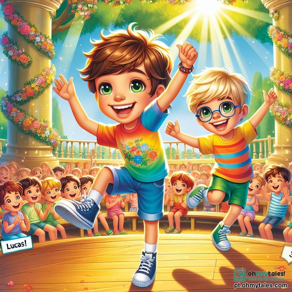 Um garoto de 8 anos, chamado Pedro, com cabelos castanhos bagunçados e um grande sorriso radiante, dança alegremente em um palco de madeira, vestido com uma camiseta colorida e um short. Seus olhos brilham de excitação e felicidade, mostrando sua determinação em se divertir. Ao seu lado, Lucas, outro garoto de 8 anos, com cabelos loiros e óculos, observa Pedro com admiração, um sorriso tímido no rosto, pronto para se juntar à dança. Eles estão cercados por outras crianças, sentadas em bancos, aplaudindo e rindo, criando uma atmosfera de camaradagem. O local é um parque verdejante, com árvores majestosas e flores coloridas ao redor, onde o sol brilha e ilumina o palco, acrescentando um toque mágico ao evento. A cena principal mostra Pedro e Lucas prestes a começar uma dança alegre, celebrando sua amizade e a alegria de compartilhar momentos juntos, enquanto o público os incentiva com entusiasmo.