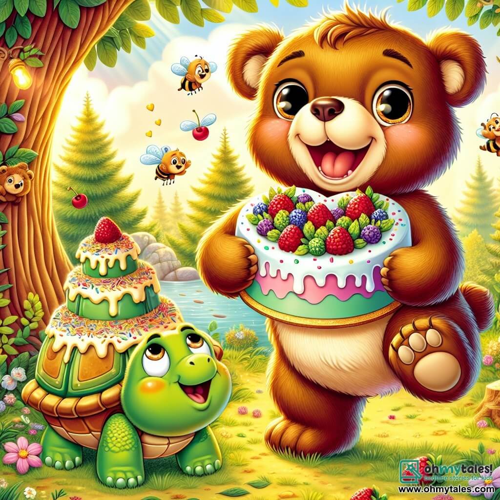 An illustration depicts a young brown bear with soft fur and sparkling eyes, smiling widely while holding a heart-shaped cake decorated with colorful berries and glitter, jumping with joy. Next to him, a small turtle with a green shell and mischievous eyes gazes at the cake in wonder, smiling with her little paws raised in excitement. The setting is an enchanted forest bathed in golden light, featuring majestic trees with lush leaves and colorful flowers dancing in the breeze. The ground is covered with leaves and small wildflowers, creating a joyful and festive atmosphere. The main scene shows the bear and turtle celebrating Father's Day, surrounded by the delicious aroma of the cake they made together, ready to surprise Papa Bear with their loving creation. Additional graphic elements include buzzing bees around a hive, juicy berries on the cake, and sun rays filtering through the branches, adding a touch of magic to this cheerful scene.