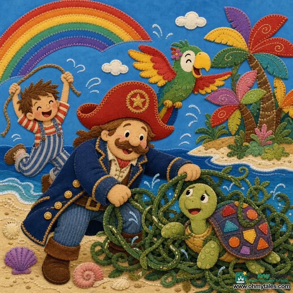 A smiling, brave Captain Kindly in a tall red hat stitched with gold thread and a navy jacket with shiny buttons leans forward, pulling green vines to free Turtle Tom, a male turtle with a confetti-pattern shell and relieved eyes, while Parrot Polly, a female parrot with bright green, red and yellow feathers, hovers above pointing to the island and Jumping Jack, a 10-year-old boy in a striped overall with tousled hair, jumps behind the captain holding a rope ready to help; the small colorful island has feather-shaped “tickle” trees with spiral stitch details, a cream-sand beach with shells and a bright blue sky with an embroidered rainbow, all figures close together with visible sewn textures and satin-stitch outlines, scene centered and child-friendly.