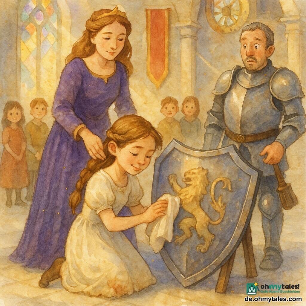 Eine junge Prinzessin (etwa 10 Jahre) kniet vor einem großen Metallwappen und poliert es mit einem glänzenden Tuch, sanft lächelnd, helles, konzentriertes Gesicht, hellbraunes Haar zu einem einfachen Zopf gebunden, leicht verschmutztes elfenbeinfarbenes Kleid am Knie; die Königin (35–45) steht links hinter ihr in purpurnem Kleid, liebevoller, stolzer Blick, Hand auf der Schulter der Prinzessin; der Hauptmann der Wache (etwa 40) rechts in schlichter glänzender Rüstung mit überraschter, respektvoller Miene hält eine Bürste; einige Dienerkinder (8–12) beobachten in den Säulen im Hintergrund mit schüchternen Lächeln; große Schlosshalle mit hellem Steinboden, sanft glänzenden Platten, langen königlichen Bannern, seitlich einfallenden Sonnenstrahlen durch bunte Glasfenster, sichtbarer Uhrmechanismus hoch an der Wand und goldener Staub in den Strahlen; zentrale Szene: zärtlich-demütig, langsame sorgsame Gesten, warme, leuchtende Atmosphäre, Mischung aus funkelndem Staub und zurückkehrendem Metallglanz; Aquarellstil mit sichtbarer Papiertextur, kontrollierten Spritzern für Licht und warmer Palette (Ocker, Purpur, Elfenbein, Goldakzente).