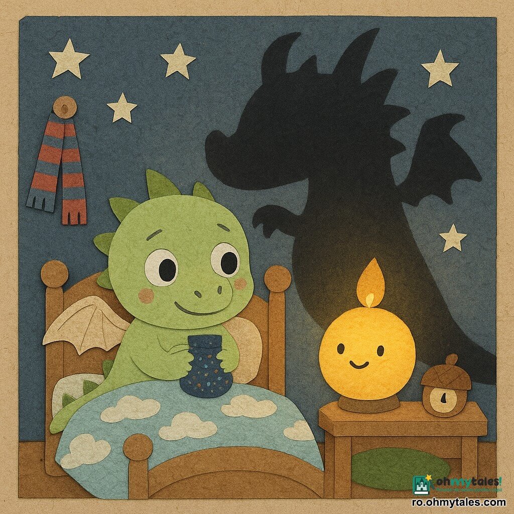 Un mic dragon pe nume Dodo, copilăros și rotund, verde pal cu aripi moi, cu ochi mari și zâmbet timid, stă în patul său de lemn ținând o punguță cu mărgele strălucitoare; Luma, o lampă rotundă galben-portocalie, pâlpâie lângă pat și proiectează o lumină blândă care transformă umbra unei eșarfe roșu-albastre atârnate într-o formă inițial înfricoșătoare, apoi amuzantă; peretele e vopsit bleu închis cu stele din hârtie, camera e primitoare cu cuvertură cu nori, perne rotunde și un covoraș verde — scena arată cum Dodo trece de la îngrijorare la curiozitate, cu texturi de hârtie decupată și culori contrastante.