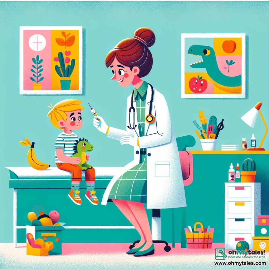 A smiling female doctor, Dr. Olivia, with brown hair in a bun, wears a bright white coat and banana-patterned socks. She has sparkling eyes of determination and kindness as she carefully examines a young boy. The boy, Leo, 8 years old, has a pale face and tired eyes, sitting on the examination table holding a dinosaur toy. His mother, a woman in her thirties with blonde hair and a worried expression, stands beside him with her arms crossed, looking at Dr. Olivia with hope. The scene takes place in a bright and welcoming clinic with pastel blue walls, colorful fruit and vegetable posters, and toys scattered on the floor. Dr. Olivia attentively examines Leo, asking him questions to understand his pain, while his mother watches anxiously, hoping everything will be alright.