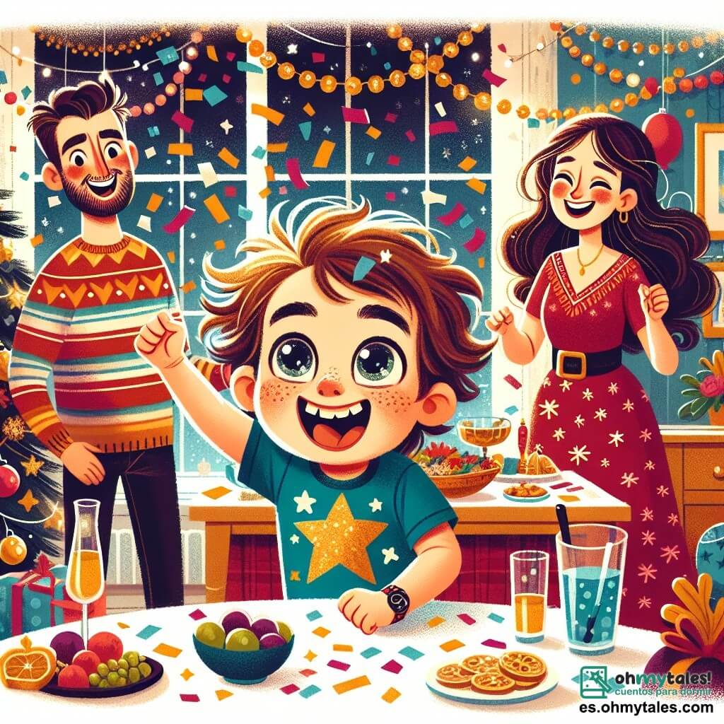 Un niño de 4 años, Tomás, con grandes ojos brillantes y cabello castaño desordenado, sonríe alegremente lanzando confeti al aire. Lleva una camiseta colorida con estrellas y un pantalón corto azul. A su lado, su mamá, una mujer de unos treinta años con cabello largo y rizado, sonríe mientras decora la mesa con guirnaldas brillantes, vestida con un vestido rojo festivo. Un poco más lejos, su papá, un hombre robusto con barba corta, prepara un platillo en la cocina, riendo y cantando una canción de Año Nuevo. La escena tiene lugar en una sala cálida, llena de luces brillantes, globos coloridos y un gran árbol de Navidad decorado. La mesa está cubierta de deliciosos platillos y pequeños platos de uvas listos para la cuenta regresiva. Tomás, lleno de entusiasmo, lanza confeti mientras espera el nuevo año, rodeado de su familia en un ambiente festivo y alegre.