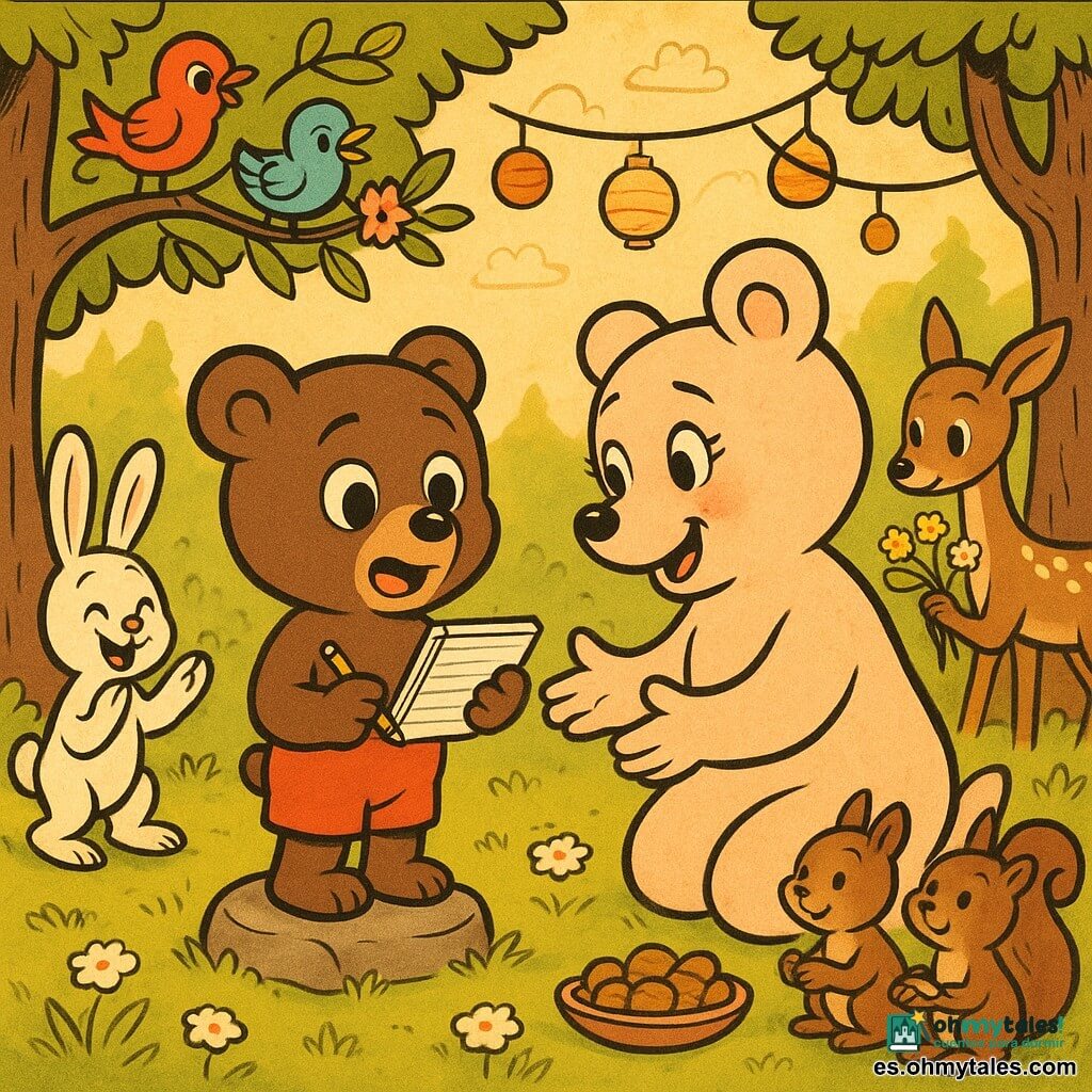 Un pequeño oso marrón llamado Max, rostro redondo y ojos grandes, de pie sobre una piedra leyendo en voz alta de un cuadernillo mientras sostiene un lápiz; la mamá osa Rosa, más grande, pelaje crema rosado y ojos húmedos de alegría, arrodillada frente a él con los brazos abiertos; Curro, el conejo blanco de orejas largas, aplaude saltando a la izquierda; un grupo de pájaros coloridos (rojo, azul, amarillo) en una rama arriba cantando; dos ardillas marrones a la derecha sostienen un plato de galletas de avellana junto a un tapiz de flores; un ciervo tímido con manchas blancas en el fondo sostiene un ramo de flores silvestres; el lugar es un claro soleado en un bosque frondoso con hierba verde y margaritas, guirnaldas de flores entre árboles y pequeñas linternas de papel; escena principal: ceremonia tierna y alegre del Día de la Madre con todos los animales escuchando, aplaudiendo y ofreciendo flores, atmósfera cálida, colores pastel saturados, contornos gruesos y formas redondeadas, composición centrada en el dúo madre-hijo.