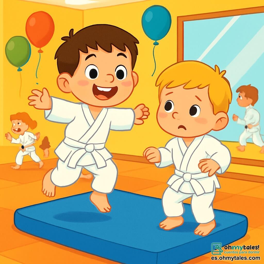 Un niño de 4 años, llamado Martín, lleva un kimono de karate blanco con un cinturón blanco, mostrando una gran sonrisa y ojos brillantes de emoción. Está saltando con entusiasmo sobre una colchoneta azul. A su lado, otro niño, Leo, también de 4 años, tiene el cabello rubio y una expresión tímida, intenta seguir a Martín saltando, pero parece un poco dudoso. El escenario es un gimnasio luminoso, con paredes pintadas de amarillo y alfombrillas suaves. Espejos reflejan los movimientos de los niños y globos de colores flotan en el techo. La escena muestra a Martín animando a Leo a saltar juntos, sus risas llenando el aire, mientras otros niños entrenan a su alrededor, creando una atmósfera alegre y dinámica.