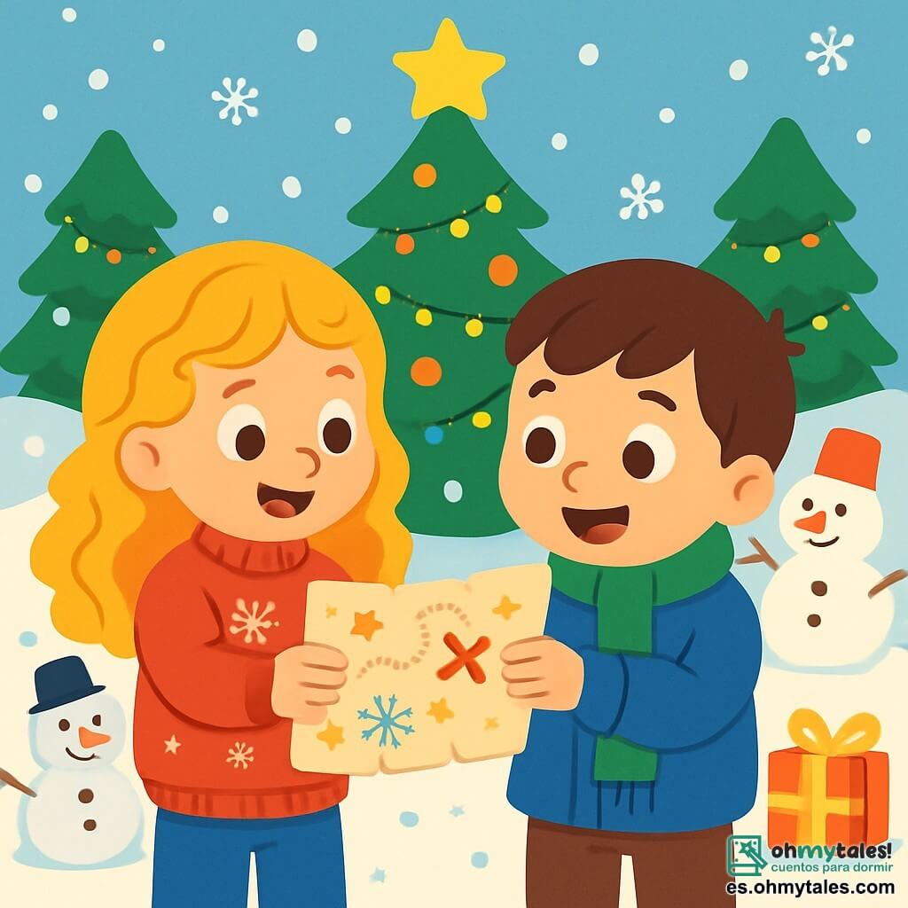 Hay 2 personajes principales: - Sofía: una niña de 7 años con largos cabellos dorados rizados, que lleva un suéter rojo con copos de nieve y un pantalón de mezclilla. Está de pie, sonriendo, sosteniendo un mapa del tesoro en sus manos. - Lucas: un niño de 7 años con cabello corto castaño, que lleva una bufanda verde y un abrigo azul. Está al lado de Sofía, mirando el mapa con ojos brillantes de emoción. La situación principal se desarrolla en un jardín nevado, lleno de abetos decorados con luces brillantes. Copos de nieve caen suavemente del cielo, y un gran árbol de Navidad brilla en el centro. Hay muñecos de nieve sonrientes dispersos y regalos coloridos en el suelo. La historia muestra a Sofía y Lucas descubriendo un mapa del tesoro brillante, rodeados de magia y emoción, listos para aventurarse en busca del tesoro navideño escondido por el Duende Travieso.