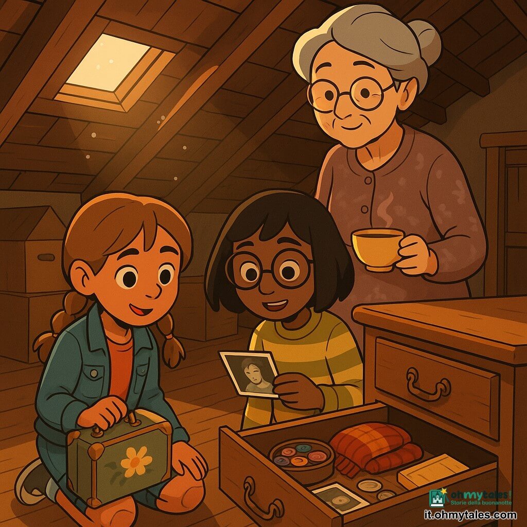 Ci sono 3 personaggi: Ari, circa 10 anni, capelli castano chiaro in due trecce, giacca di jeans corta, ginocchia sbucciate, inginocchiata davanti a un cassetto aperto nella vecchia cassettiera tenendo una piccola valigia dipinta di fiori (a sinistra); Livia, circa 10 anni, capelli neri a caschetto, maglione a righe giallo e verde, occhiali rotondi, in piedi leggermente inclinata verso la cassettiera con una foto in bianco e nero tra le dita (a destra); Nonna Rosa, circa 70 anni, capelli grigi raccolti in uno chignon morbido, vestito a motivi discreti, occhiali ovali sul naso, dietro le bambine con una tazza di tè fumante e uno sguardo benevolo sul cassetto. Luogo: una soffitta mansardata illuminata da una piccola finestra a lucernaio, pavimenti di legno chiaro consumati, travi a vista, scatole e bauli impilati, un raggio di luce calda che illumina obliquamente la cassettiera e la polvere in sospensione. Situazione: le ragazze aprono un cassetto antico con oggetti disposti con cura — valigia dipinta, scatola da cucito con bottoni colorati, sciarpa lavorata a maglia, piccolo diario ingiallito, monete usurate e una foto in bianco e nero — espressioni di meraviglia; composizione centrata sul cassetto aperto e sulla luce che mette in risalto le texture del legno, dei tessuti e della carta.