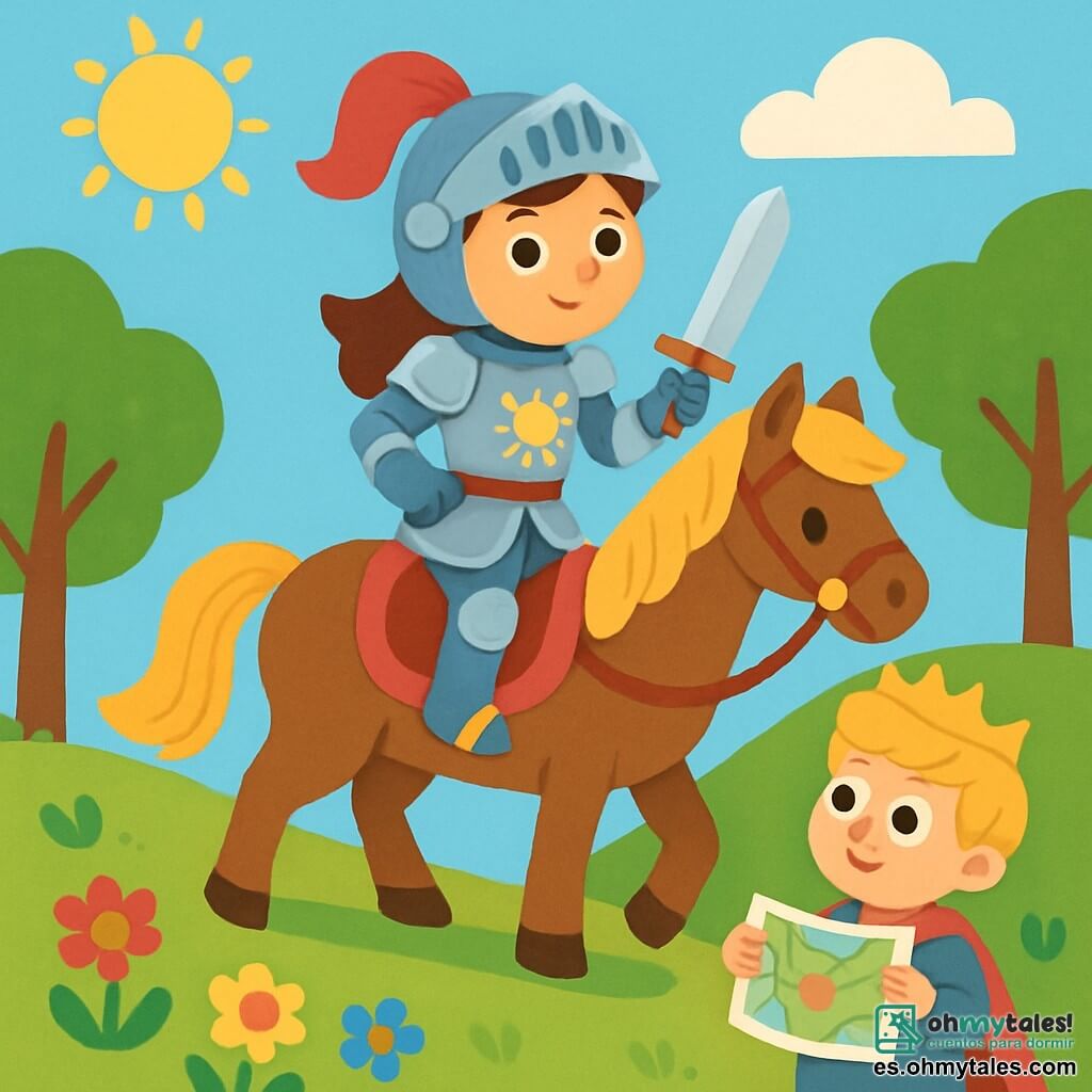 Una valiente caballera, Valeria, se encuentra orgullosamente sobre su majestuoso caballo, Estrella. Lleva una brillante armadura decorada con motivos florales y su rostro irradia determinación y emoción. A su lado, un joven rey de cabello rubio, de unos 10 años, mira a Valeria con admiración, sosteniendo un mapa del reino. Ambos están en la cima de una colina verde, rodeados de flores coloridas y árboles majestuosos. En el fondo, un cielo azul brillante ilumina la escena. La imagen muestra a Valeria lista para la aventura, con una mirada resuelta, mientras se prepara para descender la colina en busca de la corona mágica del dragón.