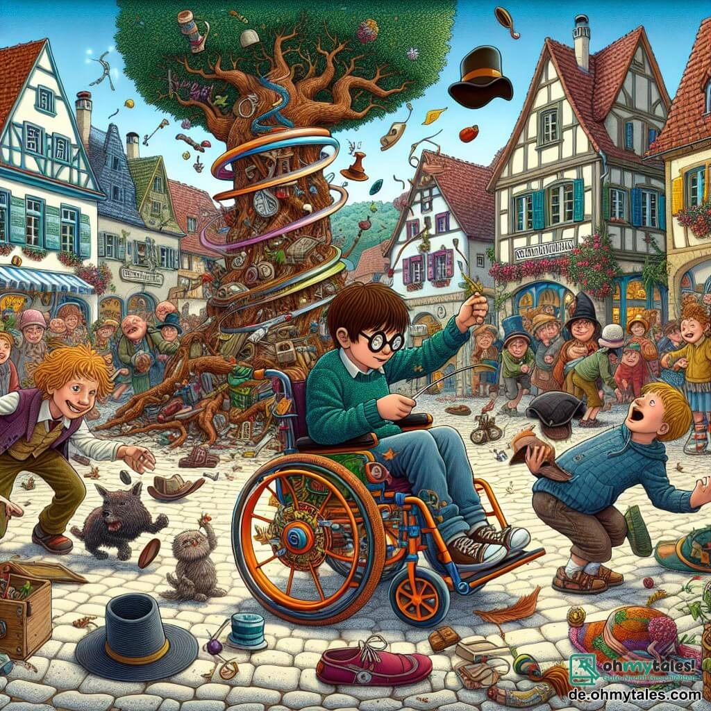 Es gibt zwei Hauptfiguren: Linus, ein 11-jähriger Junge mit zerzausten Haaren und runden Brillen, der konzentriert in der Mitte steht und eine große magische Feder hält, die über seiner Hand schwebt. Neben ihm sitzt Max, sein bester Freund, ebenfalls 11 Jahre alt, mit einem schelmischen Lächeln in einem bunten Rollstuhl, der mit lustigen Gadgets ausgestattet ist, und lacht, während er versucht, einen vom Wind davongetragenen Hut zu fangen. Die Szene spielt auf einem belebten Platz im Dorf Schnurrlingen, umgeben von bunten Häusern und leuchtenden Blumen. Im Hintergrund steht ein großer, knorriger Baum, unter dem eine kleine Zauberhütte steht, die der Umgebung einen Hauch von Magie verleiht. Die Hauptsituation zeigt Linus, der einen Zauber wirkt, aber anstelle der schwebenden Feder erschafft er einen Wirbel aus fliegenden Objekten – Hüte, Blätter und sogar einen kleinen Hund –, die in die Luft steigen und das Gelächter der umstehenden Kinder hervorrufen.