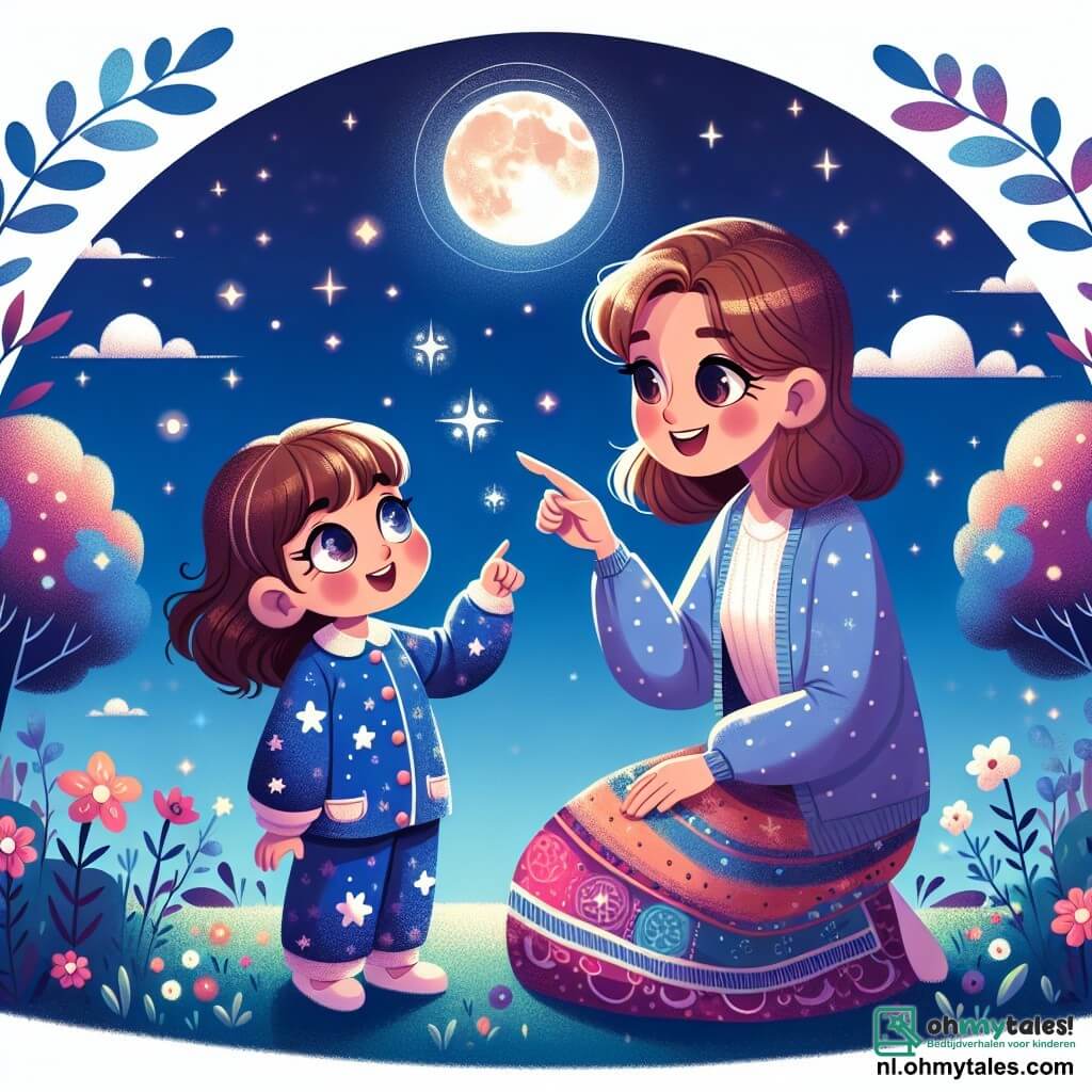 Een 4-jarig meisje, Luna, met lange bruin haar en sprankelende ogen, kijkt verwonderd naar de sterrenhemel. Ze draagt een blauwe pyjama met witte sterren en heeft een lichte glimlach op haar gezicht, wat laat zien dat ze zowel nieuwsgierig als moedig is. Naast haar zit haar moeder, een vrouw van ongeveer 30 jaar met kastanjebruin haar en een warme glimlach, die zich bukt om op ooghoogte met haar dochter te zijn. Ze draagt een comfortabele trui en een kleurrijke rok, en wijst naar een heldere ster aan de hemel, wat Luna aanmoedigt om de schoonheid van de nacht te waarderen. De locatie is een vredige tuin, verlicht door het zachte maanlicht, met kleurrijke bloemen die zachtjes opengaan en bomen die dansen in de wind. De lucht is diepblauw, bezaaid met fonkelende sterren die het nachtlandschap verlichten. De belangrijkste situatie toont Luna en haar moeder zittend op een deken, omringd door de zachte duisternis van de nacht, terwijl Luna verwonderd ontdekt dat zwart mooi en troostend kan zijn, en leert haar angst voor het donker te overwinnen dankzij de liefde en steun van haar moeder.