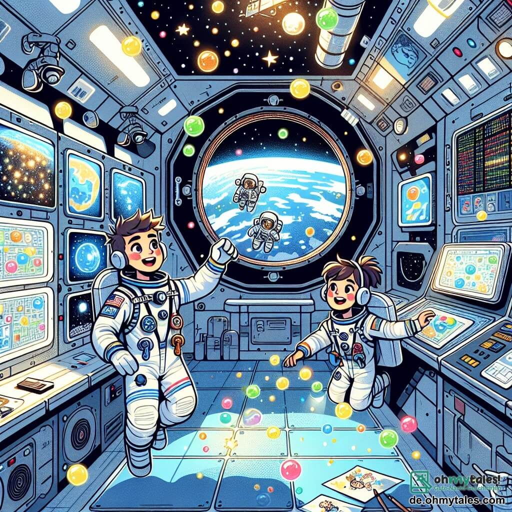 Max, ein etwa 30-jähriger Astronaut, schwebt schwerelos im Inneren der Internationalen Raumstation (ISS). Er trägt einen weißen Raumanzug mit bunten Details und lächelt begeistert, während er farbige Wasserblasen beobachtet, die um ihn tanzen. In der Nähe nimmt eine 28-jährige Astronautin mit braunen, zu einem Pferdeschwanz gebundenen Haaren Notizen an einem schwebenden Computer, mit einem konzentrierten und begeisterten Ausdruck. Ein 10-jähriger Junge, der auf einem Kommunikationsbildschirm erscheint, hat leuchtende Augen vor Aufregung und hört Max aufmerksam zu, während er eine Zeichnung der Erde hält. Das Innere der ISS ist mit Kontrollpaneelen, Fenstern, die auf den schwarzen, sternenübersäten Weltraum blicken, und verschiedenen schwebenden wissenschaftlichen Geräten gefüllt. Die Wände sind mit Fotos von der Erde und dem Weltraum geschmückt, was eine faszinierende und inspirierende Atmosphäre schafft. Die Hauptsituation zeigt Max, der Kindern auf der Erde erklärt, wie er wissenschaftliche Experimente in der Schwerelosigkeit durchführt, während er mit farbigen Wasserblasen spielt, die die Magie der Wissenschaft und das Staunen über die Weltraumforschung symbolisieren.
