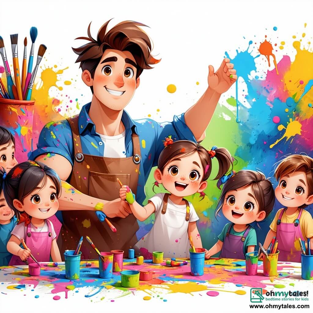 Max, a young man with messy brown hair and paint-splattered clothes, stands in the center of the scene, a broad smile on his face and eyes shining with excitement as he guides a group of children in creating a beautiful mural. To his right, Lily, a freckled little girl with brown hair in two braids, raises her hand enthusiastically, holding a brush in the other, ready to add colorful flowers to the mural. To his left, an 8-year-old boy in a baseball cap watches in awe, wide-eyed, while holding a bucket of blue paint. The scene takes place in front of a large white wall at the Artville community center, where splashes of bright colors are starting to take shape, depicting a magical world filled with music, dance, and creativity. In this main situation, Max and the children joyfully collaborate, each adding their personal touch to the mural, transforming the wall into a vibrant work of art that celebrates imagination and teamwork.