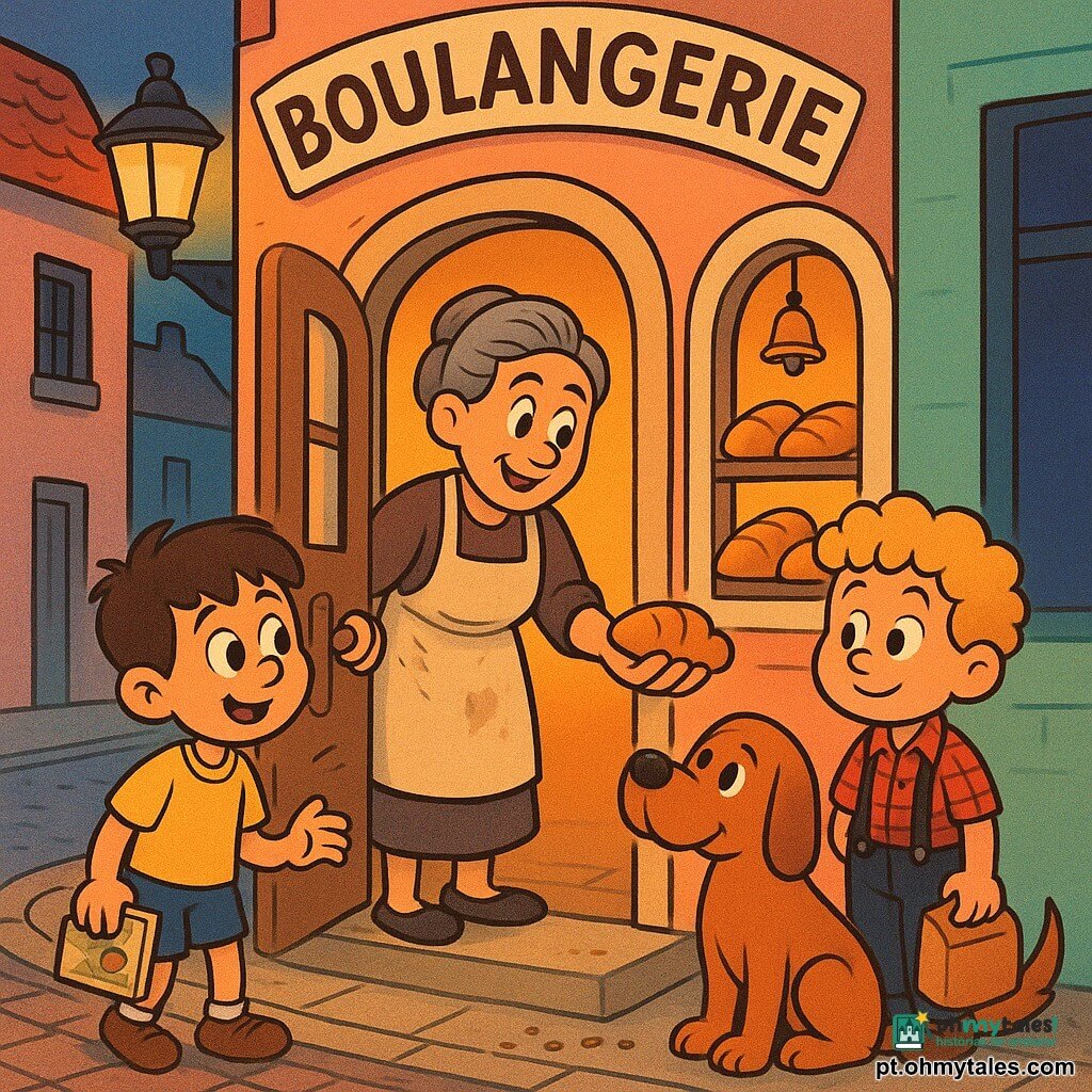 Há 4 personagens: dois meninos de 5 anos — um de cabelos castanhos curtos, camiseta amarela e shorts azuis, segurando um caderno ilustrado e tocando a maçaneta da padaria; outro de cabelos loiros e cacheados, camisa xadrez com suspensórios, segurando um saco de papel com um pão, ligeiramente atrás e à direita do primeiro —; uma mulher de ~40 anos, a padeira, cabelos grisalhos presos, avental bege com farinha, abrindo a porta com gesto acolhedor e oferecendo um pão amanteigado, na soleira; e um grande cão ruivo de olhos meigos, sentado à frente como guia, cabeça inclinada e rabo baixo. Local: rua de bairro colorida ao crepúsculo, fachadas em tons pastel, calçamento de pedras com migalhas formando um caminho luminoso, vitrine arredondada de padaria em madeira creme com pães dourados e sininho, lâmpada na entrada com luz quente. Situação: os dois pequenos aventureiros chegam à padaria guiados pelo cão; encontro caloroso e mágico — padeira oferecendo pão, meninos sorrindo, caderno visível, migalhas em trilha; cores saturadas, contornos sinuosos no estilo rubber hose, expressões exageradas e gestos amigáveis.