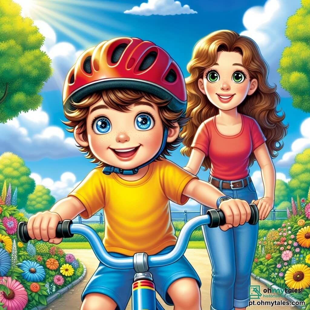 Um menino de 6 anos, com cabelos castanhos bagunçados e grandes olhos brilhantes, está sentado em sua bicicleta azul, exibindo um sorriso radiante e bochechas coradas de orgulho. Ele veste uma camiseta amarela vibrante e um short azul, e seu capacete vermelho está bem ajustado na cabeça. Ao lado dele, sua mãe, uma mulher de cerca de 30 anos com cabelos castanhos ondulados, o incentiva com um sorriso caloroso, com as mãos na cintura, de pé na calçada. O local é um parque ensolarado, repleto de flores coloridas e árvores verdes, com um céu azul claro salpicado de nuvens brancas e fofas. A cena principal mostra o menino, pronto para pedalar, com uma expressão de determinação e alegria, enquanto sua mãe o encoraja a decolar em sua nova bicicleta.