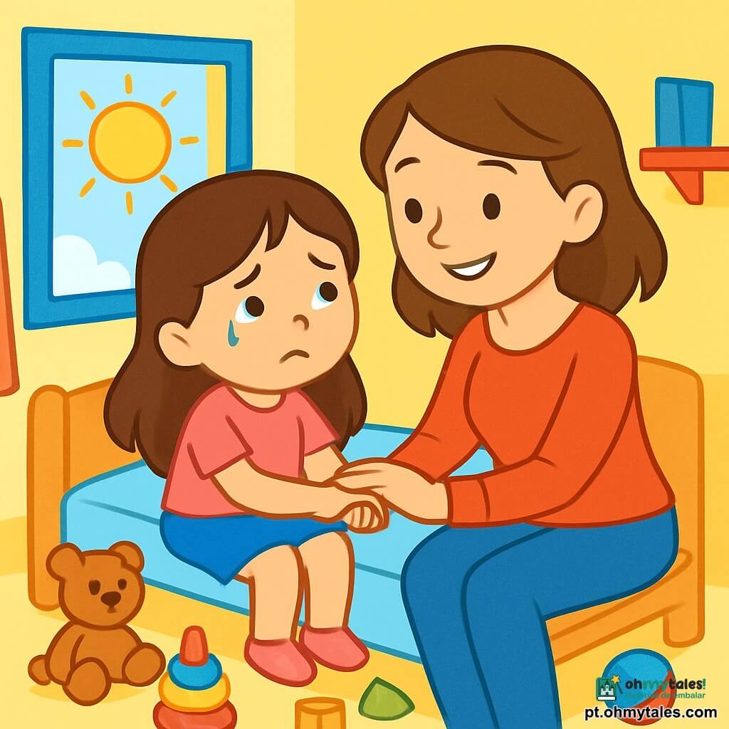 Uma menina de 4 anos, Sofia, com longos cabelos castanhos e olhos brilhantes, sentada em sua cama. Seu rosto mostra uma expressão de tristeza, com lágrimas nos cantos dos olhos, enquanto ela olha pela janela. Ao lado dela, sua mãe, uma mulher doce de cerca de 30 anos, com cabelos castanhos e um sorriso reconfortante, segura sua mão e fala com ternura. O quarto é iluminado, com paredes pintadas de amarelo pastel, brinquedos coloridos espalhados pelo chão e um grande sol brilhando pela janela. A situação principal mostra Sofia, um pouco triste, buscando conforto em sua mãe, enquanto se sente perdida em suas emoções.