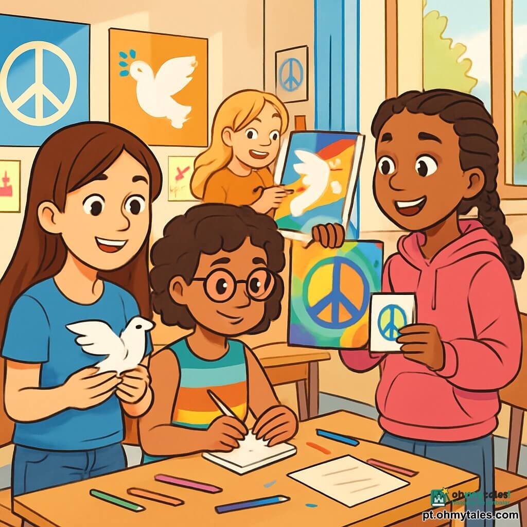 Há 4 crianças: - Sofia: uma menina de 12 anos com longos cabelos castanhos e olhos brilhantes. Ela usa uma camiseta azul e jeans, segurando uma pomba de papel com um sorriso encorajador. - Inès: uma menina de 12 anos com cabelos curtos e cacheados, usando óculos. Ela veste um vestido colorido e escreve em um pequeno caderno, sentada ao lado de Sofia. - Yara: uma menina de 12 anos com cabelos negros trançados e pele caramelo. Ela usa um moletom rosa e está de pé, mostrando um desenho de símbolo da paz para suas amigas. - Lara: uma menina de 12 anos com cabelos loiros e sardas. Ela está pintando um grande painel com cores vivas, logo atrás de Inès. O cenário é uma sala de aula iluminada, com paredes decoradas com desenhos de crianças e pôsteres coloridos sobre a paz. Há mesas de madeira e cadeiras dispostas em círculo, com lápis e folhas espalhados. Uma grande janela deixa entrar a luz do sol, iluminando os rostos das crianças. A situação principal mostra os quatro crianças preparando um evento sobre a paz, rindo e trocando ideias, cada uma segurando um símbolo de paz, como uma pomba de papel ou um desenho colorido. A atmosfera é alegre e criativa, cheia de energia positiva e esperança.