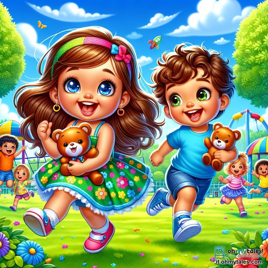 Una bambina di 4 anni, Sofia, con lunghi capelli castani e occhi scintillanti di gioia, corre in un campo verde, tenendo un orsacchiotto colorato tra le braccia. Indossa un vestito a fiori luminosi e un grande sorriso sul volto, che irradia eccitazione. Accanto a lei, un bambino di 5 anni, Leo, con capelli ricci e una maglietta blu, salta felicemente con le braccia alzate verso il cielo. Ha un sorriso radioso, condividendo l'entusiasmo di Sofia. Il luogo è un centro estivo all'aperto, circondato da alti alberi con foglie verdi, con un cielo blu brillante punteggiato da alcune nuvole bianche e soffici. Giochi colorati, come altalene e scivoli, sono visibili sullo sfondo, aggiungendo un'atmosfera festosa. La scena principale mostra Sofia e Leo che giocano insieme, correndo e ridendo nell'erba, mentre altri bambini si divertono intorno a loro, creando un'atmosfera gioiosa e piena di vita.