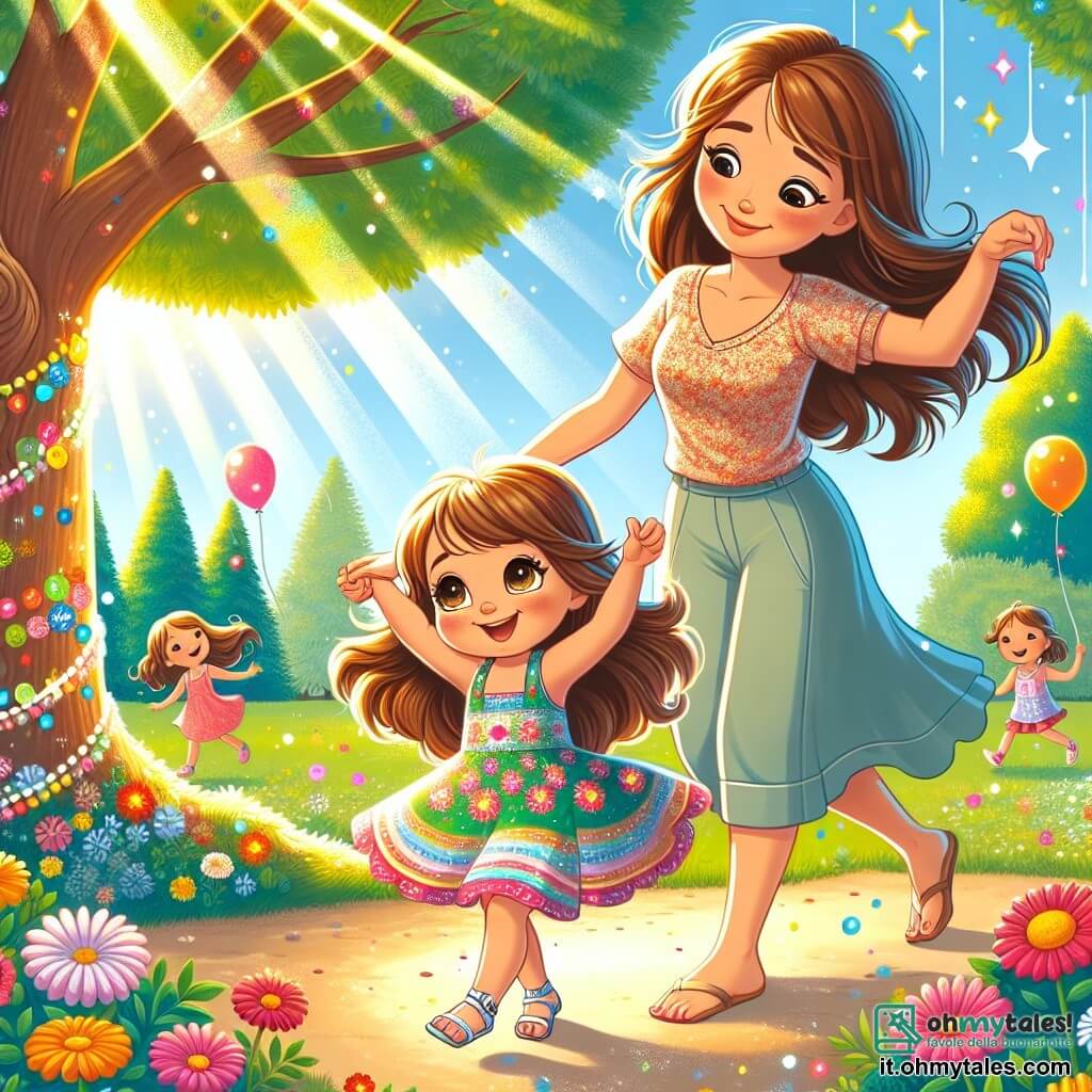 Una bambina di 4 anni, Sofia, con lunghi capelli castani e occhi vivaci, sorride gioiosamente mentre danza in un parco soleggiato. Indossa un vestito colorato con motivi floreali e sandali. Accanto a lei, sua madre, una donna sulla trentina con capelli castani e un sorriso dolce, la incoraggia alzando le braccia. Indossa una blusa leggera e pantaloni comodi, stando vicino a un albero maestoso con foglie brillanti al sole. Il parco è pieno di fiori vivaci, grandi alberi verdi e bambini che giocano intorno. Palloncini colorati fluttuano nell'aria, aggiungendo un tocco di magia alla scena. Sofia, piena di gioia, danza con i suoi amici, celebrando la sua guarigione e la forza dell'amore che la circonda, mentre sua madre la osserva con orgoglio e tenerezza.