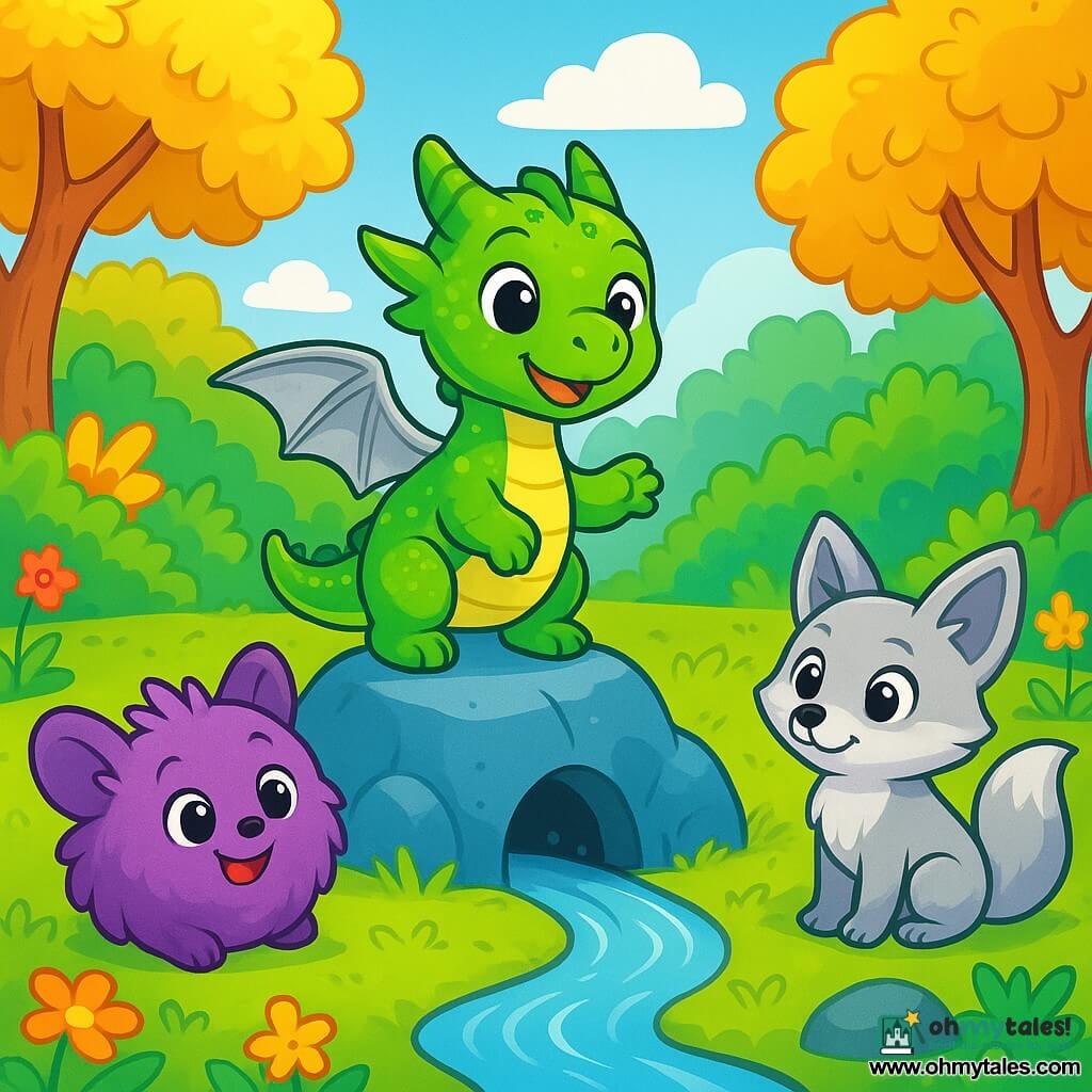 Dori, a small dragon with shiny green scales and silver wings, stands proudly atop a blue stone hill, eyes sparkling with excitement and determination. Next to him, Mip, a purple ball of fur with big eyes and ears, joyfully rolls around, displaying an encouraging smile. Liri, a three-tailed silver fox, curiously watches with intelligent and compassionate eyes, sitting near a dark hole from which a whisper of water escapes. The setting is a lush forest with trees bearing golden leaves and vibrant flowers, while a sparkling stream winds through the landscape. The main scene shows Dori and his friends building soft walls to guide the river's water, united in their adventure to save the forest.