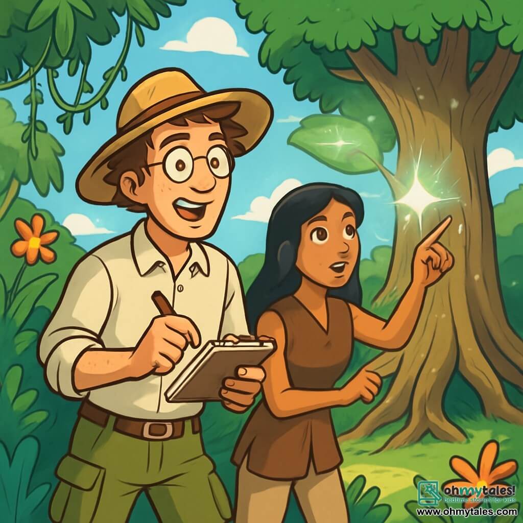 A man, Dr. Jacob Marlowe, is at the center of the image, with messy brown hair and round glasses, displaying an expression of wonder and determination. He is wearing a beige linen long-sleeve shirt, green cargo pants, and a wide straw hat. Next to him is Asha, a young woman around 25 years old with long black hair, dressed in a leather tunic and light pants, carefully observing a colossal tree with shimmering leaves, standing slightly back, ready to assist him. The setting is a lush jungle, with hanging vines, colorful flowers, and a blue sky dotted with white clouds. In the center, a majestic tree shines with silver light, its roots extending like arms toward the ground, surrounded by a small sunlit clearing. The main scene shows Jacob, amazed, taking notes in a notebook, while Asha points to a glowing leaf, revealing a moment of discovery and exploration.