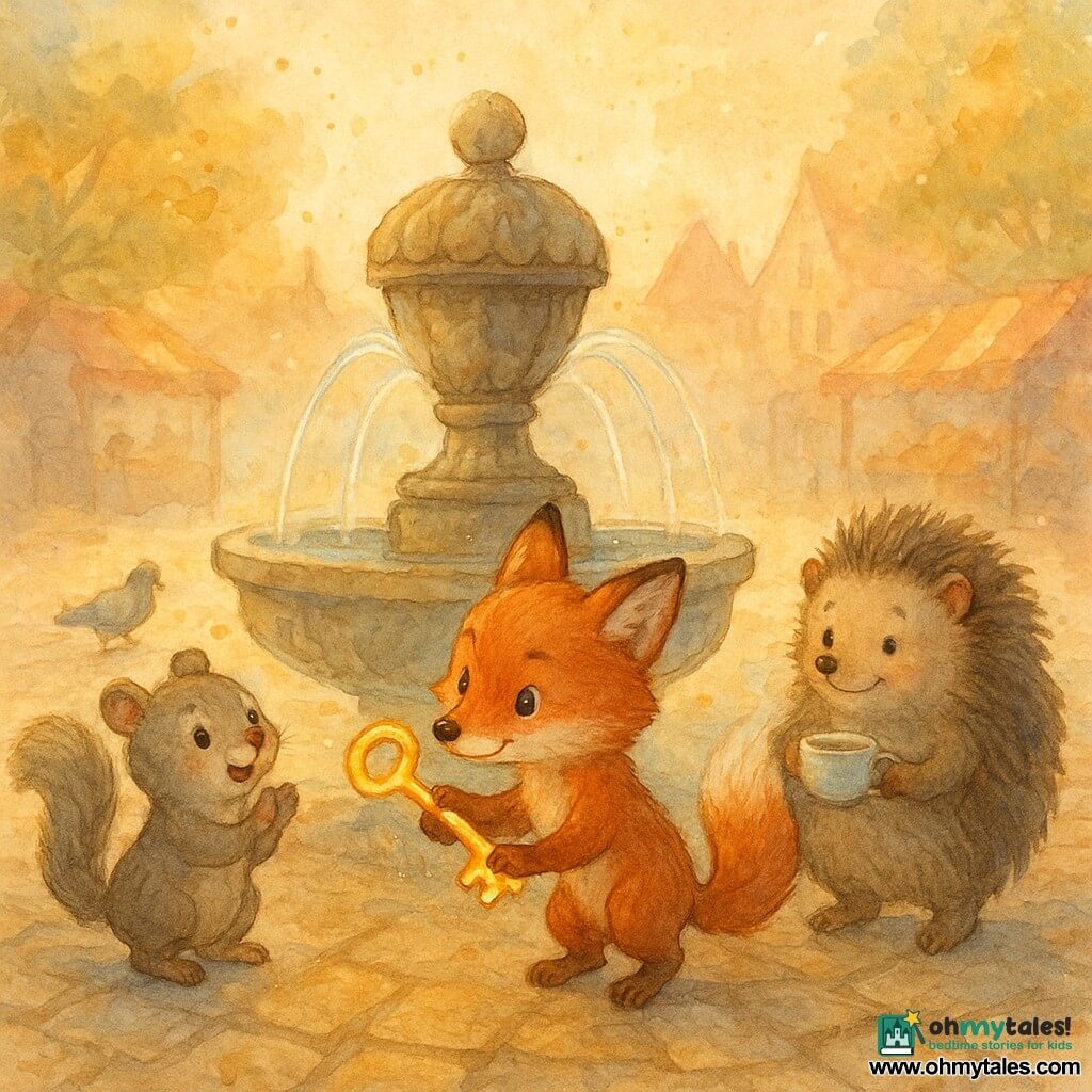 Pip, the small red fox hero with bright eyes and textured fur, leans toward a keyhole at the base of a stone fountain while holding a ribbon-of-golden-light key; to his left Nibble, a gray-brown squirrel with round cheeks, stands on the rim applauding, and to his right Grandma Bristle, a gentle elderly hedgehog, watches with a steaming teacup; the fountain, carved like an acorn and leaves, sends thin arcs of sparkling water and tiny rainbows into a shallow basin, set in a pastel village square of uneven cobbles and soft watercolor market stalls, lit by a golden dawn that makes the key glow and casts warm highlights for a joyful, tender, whimsical scene centered on the key and fountain.