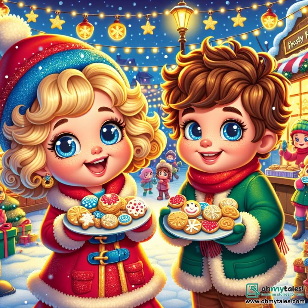 A 7-year-old girl named Lily, with sparkling blue eyes and curly golden hair, joyfully smiles while holding a plate of snowflake-shaped cookies. She wears a bright red coat and a sparkling blue hat, standing in the center of the scene, radiating excitement. Next to her, her friend Ben, a 7-year-old boy with messy brown hair and rosy cheeks, has a mischievous smile while holding a plate of colorful cookies. He stands slightly behind, ready to share his treats with others. In the background, the Frosty Hollow winter market is lively, with stalls decorated with lights and snowflakes. Sparkling lanterns illuminate the scene, while children play in the snow, creating a festive and warm atmosphere. The main situation shows Lily and Ben, surrounded by smiling villagers, sharing their delicious Christmas creations and telling stories about winter traditions, all in a joyful and friendly ambiance filled with laughter and happiness.