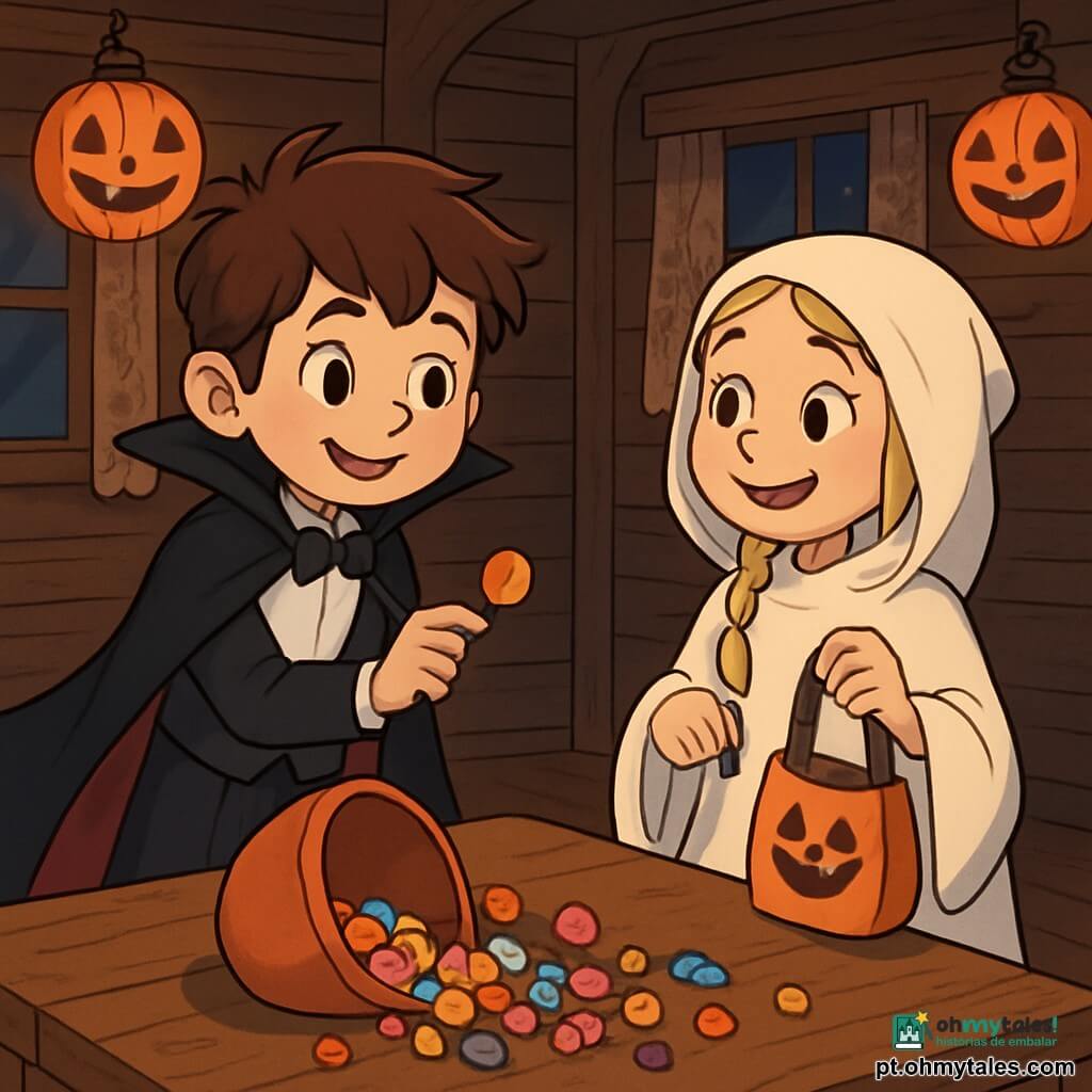 Um menino de 12 anos, Miguel, com cabelos castanhos bagunçados e olhos brilhantes de excitação, está no centro do palco, com um sorriso tímido no rosto. Ele veste uma fantasia de vampiro, com uma capa preta que flutua levemente atrás dele, e segura um rebuçado amarelo na mão. Ao seu lado, Joana, uma menina de 11 anos, com cabelos loiros trançados e uma fantasia de fantasma feita em casa, olha para Miguel com olhos brilhantes e um sorriso caloroso nos lábios. Ela segura um pequeno saco de doces na outra mão. A cena acontece dentro de uma cabana de madeira rústica, com paredes escuras e janelas adornadas com cortinas de renda. Lanternas em forma de abóbora iluminam o ambiente, projetando sombras dançantes no chão de madeira desgastada. Miguel e Joana estão diante de uma grande mesa de madeira, onde uma tigela de barro virada derrama doces coloridos, criando uma bagunça alegre. Miguel, com um ar de determinação, está prestes a dizer "desculpe" a Joana, enquanto a atmosfera é preenchida com uma mágica suave e um clima de Halloween.