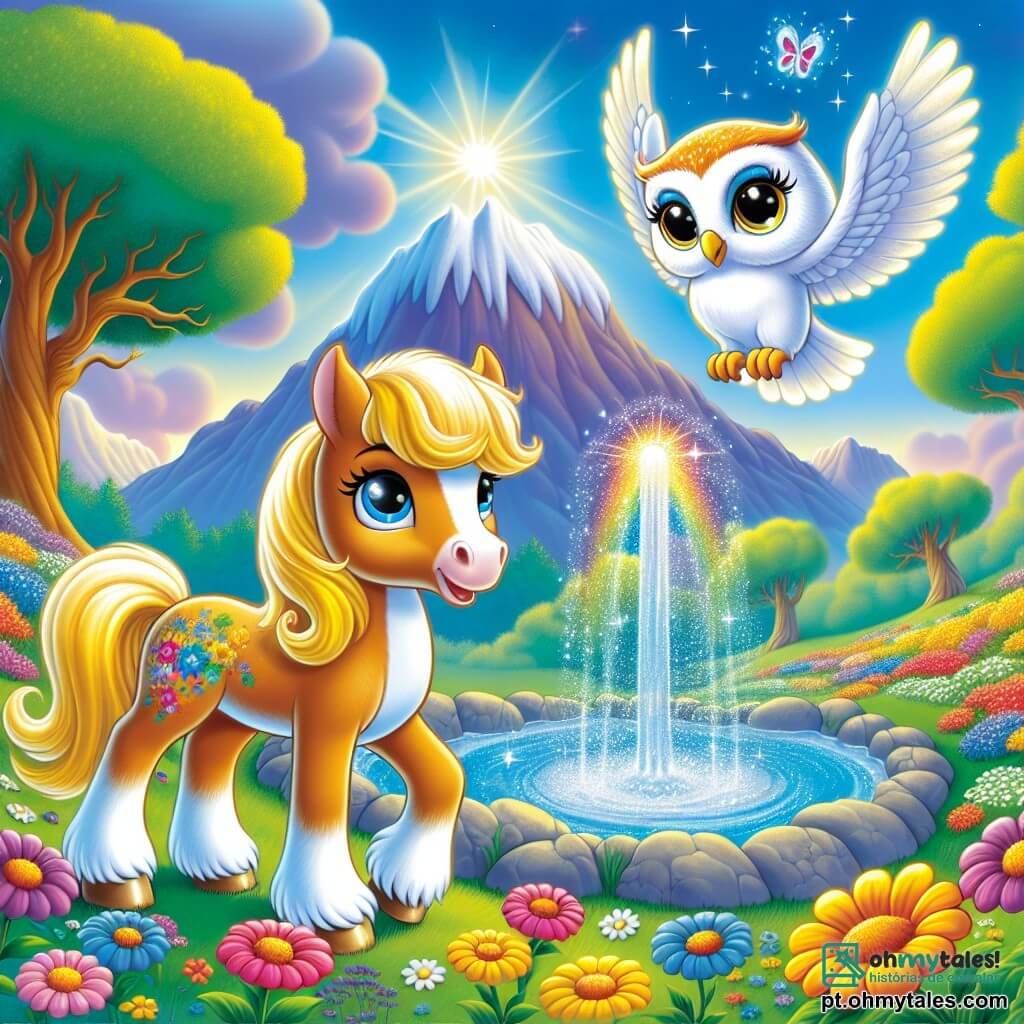 Um magnífico cavalo chamado Estrela, com um pelo dourado brilhante e olhos cintilantes, está orgulhosamente à beira de uma fonte mágica, sua expressão cheia de determinação e alegria. Ao seu lado, uma coruja chamada Luz, com penas brancas brilhantes e olhos sábios, voa levemente acima dele, suas asas abertas, pronta para encorajá-lo. A cena acontece no topo de uma montanha, cercada por flores coloridas que dançam ao vento e árvores majestosas com folhas verdes brilhantes. A fonte, cintilante como um arco-íris, jorra com força, iluminando a paisagem ao redor. Estrela e Luz, unidos por sua coragem e amizade, trabalham juntos para liberar a fonte mágica, trazendo a água tão esperada para sua floresta encantada.