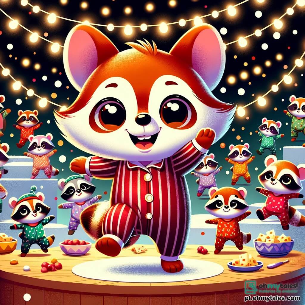Um pequeno raposo chamado Rafi, com pelagem ruiva brilhante e grandes olhos curiosos, dança alegremente no meio de uma festa, vestindo um adorável pijama listrado. Ele sorri, mostrando o quanto está se divertindo. Ao seu redor, vários pequenos guaxinins, cada um em pijamas coloridos, pulam e dançam. Um deles, um guaxinim listrado com óculos, ri enquanto toca tambores feitos de tampas de panela, enquanto uma guaxinim de bolinhas, com tranças, aplaude sorrindo, cheia de entusiasmo. A cena acontece em um buraco de rato decorado com guirlandas de queijo e balões coloridos, com luzes brilhantes que criam uma atmosfera festiva. No fundo, há pequenas mesas cheias de guloseimas e queijo. A situação principal mostra Rafi, o raposo, no meio da dança, cercado por seus amigos guaxinins, todos se divertindo juntos em um ambiente alegre e amigável, celebrando sua festa do pijama.