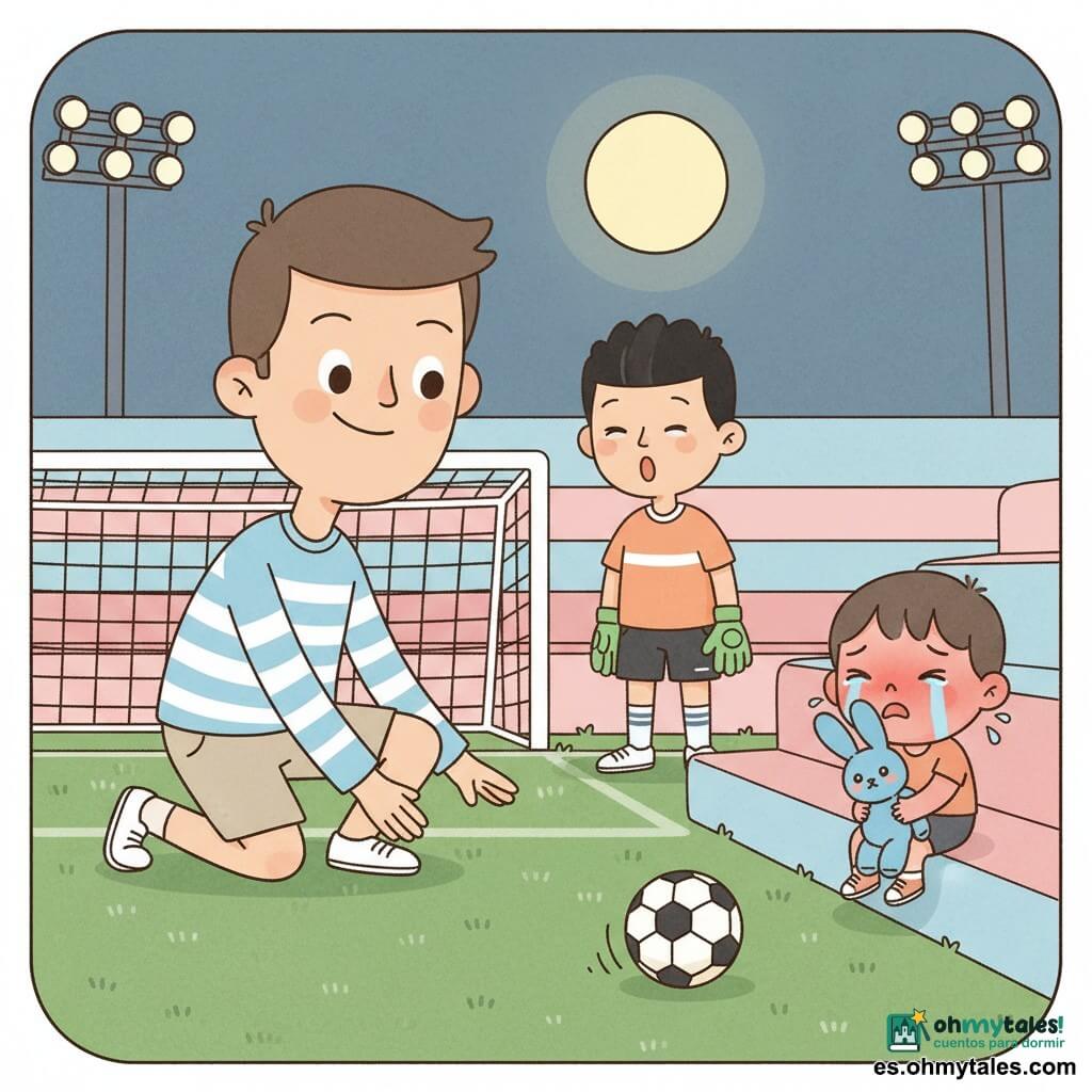 Un hombre, Leo, alto y sonriente, cabello castaño corto, expresión dulce y tranquila, agachado con las manos listas para recoger un balón que rueda; un chico, Tomi, de unos 12 años, guardameta, pelo negro corto, bosteza y sostiene sus guantes detrás de Leo junto a la línea de gol; un niño pequeño de unos 6 años llora sentado en una grada, rostro enrojecido y lágrimas, agarrando un juguete azul; escenario: estadio nocturno sencillo con césped verde, gradas en tonos pastel y una gran luna amarilla; ambiente tierno y tranquilo, colores cálidos y contrastes suaves.