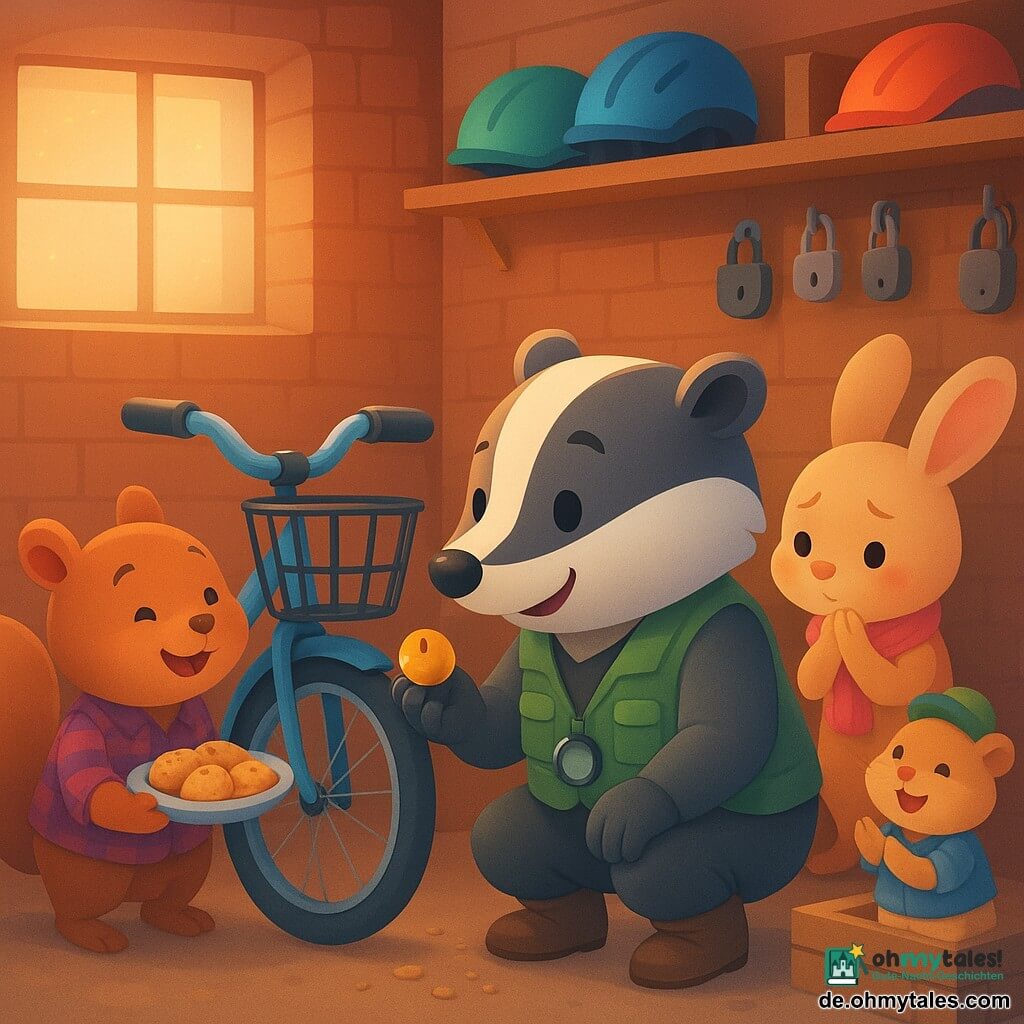 Max, ein lächelnder, konzentrierter Dachsdetektiv mit Lupe um den Hals, grünem Taschenweste und schlammigen Stiefeln hockt neben einem Fahrradkorb und hält behutsam ein glänzendes goldenes Glöckchen; Lina, eine schüchterne röternde Häsin mit hängenden Ohren und rosa zerknittertem Schal, steht hinter dem Fahrrad mit gesenkten Augen, schuldig aber erleichtert; Paul, ein stämmiges fröhliches Eichhörnchen mit rotbraunem Fell und kariertem Hemd, hält einen Teller Kekse links und schaut amüsiert zu; Tilda, ein energiegeladener beige Hamster mit kleinem Hut, klatscht auf einer Kiste an der Tür; Ort: ein gemütlich-chaotischer Fahrradraum mit warmen Backsteinwänden, Holzregalen, bunten Helmen, verschlungenen Schlössern, staubiger Fensterlichtstimmung und Keksbröseln; Hauptsituation: freudiges Wiederfinden des verlorenen Glöckchens im Fahrradkorb, warme Stimmung, gelöste Atmosphäre, harmonische Farben und feine Details.