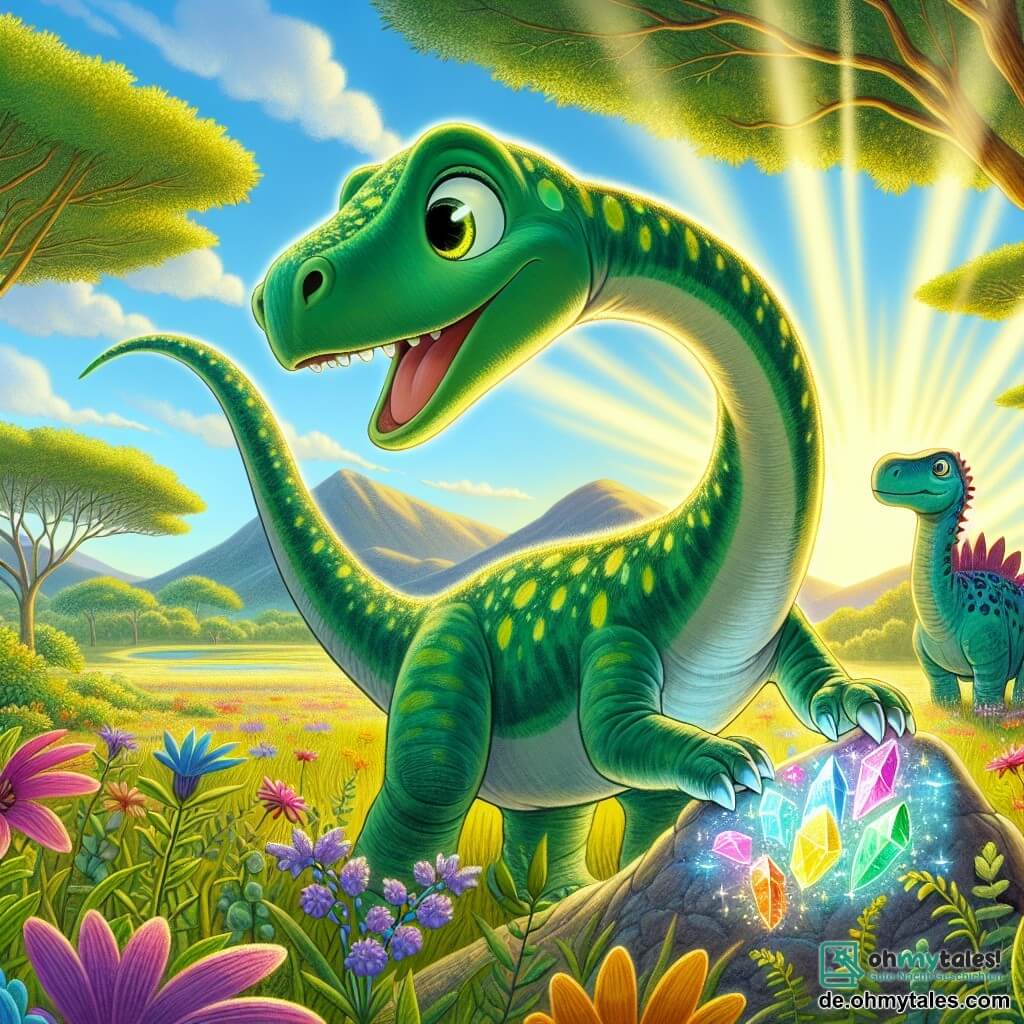 Dipo, ein junger Diplodocus mit grünen Schuppen und einem langen, eleganten Hals, steht im Mittelpunkt des Bildes mit einem neugierigen und erstaunten Blick auf seinem Gesicht. Seine großen Augen glänzen vor Aufregung, während er einen geheimnisvollen, schimmernden, bunten Stein zu seinen Füßen entdeckt. In der Nähe beobachtet Stella, eine Stegosaurierin mit bunten Rückenschildern, Dipo mit einem ermutigenden Lächeln, ihre Augen funkeln vor Freundschaft. Sie steht etwas im Hintergrund und ist bereit, ihrem Freund auf diesem Abenteuer zu helfen. Die Szenerie ist eine weite, lichtdurchflutete Ebene, gespickt mit großen Bäumen mit üppigem Laub, und in der Ferne sind Berge unter einem strahlend blauen Himmel zu sehen. Bunte Blumen blühen um sie herum und verleihen der Umgebung einen Hauch von Magie. Die Hauptsituation zeigt Dipo, der den leuchtenden Stein berührt, während ein sanftes Licht von ihm ausgeht und seinen Körper umhüllt, was den Beginn eines unglaublichen Abenteuers symbolisiert, in dem er die Fähigkeit entdecken wird, mit anderen Dinosauriern zu kommunizieren.