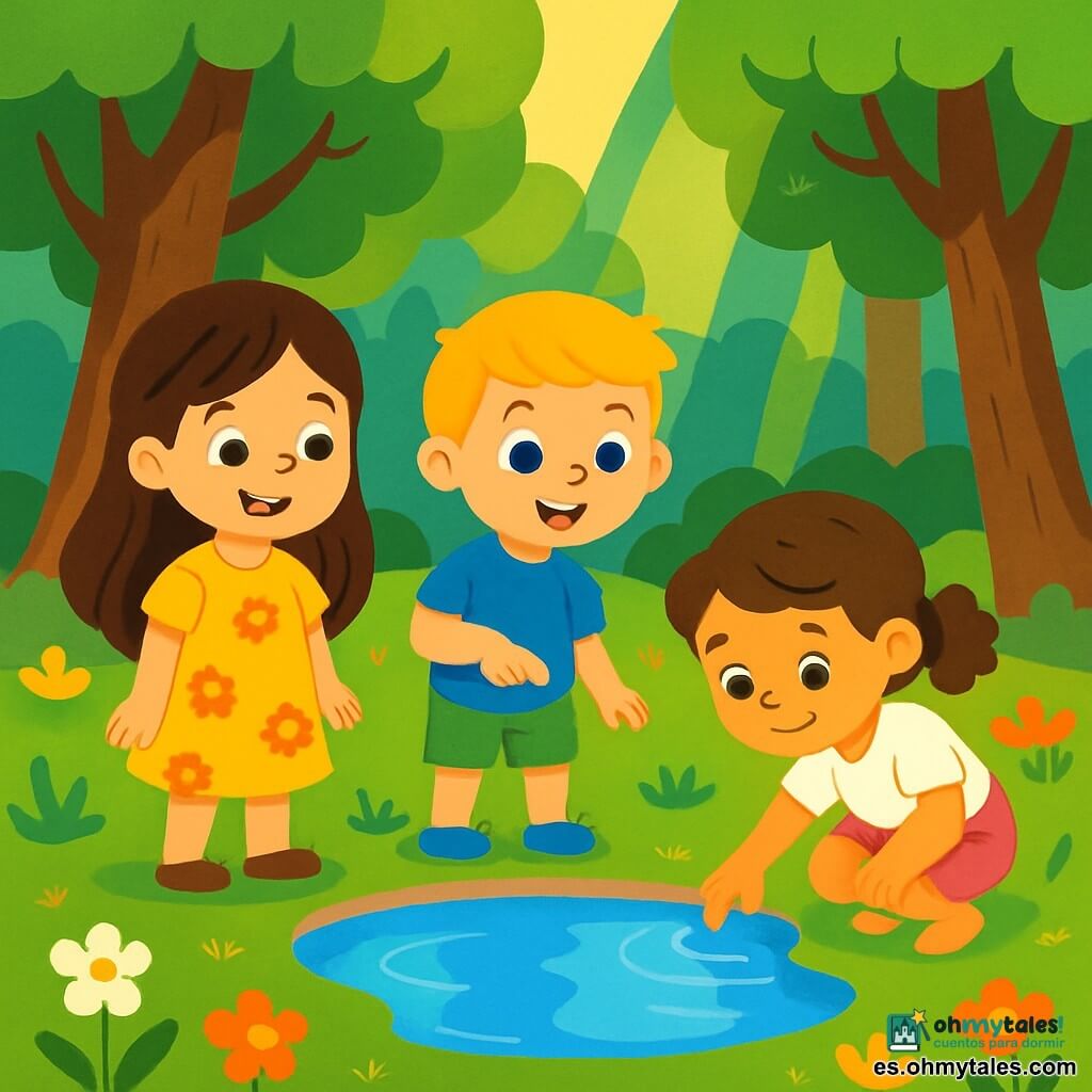Hay 3 personajes: Ana, una niña de 7 años con largos cabellos castaños y ojos brillantes, lleva un vestido amarillo con flores y está a la izquierda, sonriendo y mirando el charco. Leo, un niño de 6 años con cabello corto y rubio, lleva una camiseta azul y un short verde, y está en el centro, señalando el charco con asombro. Mia, una niña de 5 años con cabello rizado y una pequeña trenza, lleva una falda rosa y una camiseta blanca, y está a la derecha, agachada y tocando el agua del charco con curiosidad. El lugar es un hermoso bosque verde, lleno de árboles majestuosos con troncos gruesos y hojas brillantes. El suelo está cubierto de flores coloridas, y un suave rayo de sol filtra a través de las ramas, iluminando un pequeño charco de agua clara que refleja el cielo azul. La situación principal muestra a los tres amigos descubriendo el charco, con sus rostros iluminados por la alegría y la curiosidad. Ana sonríe, Leo señala su reflejo y Mia toca el agua, creando pequeñas ondulaciones. Es un momento mágico de descubrimiento y amistad en la naturaleza.
