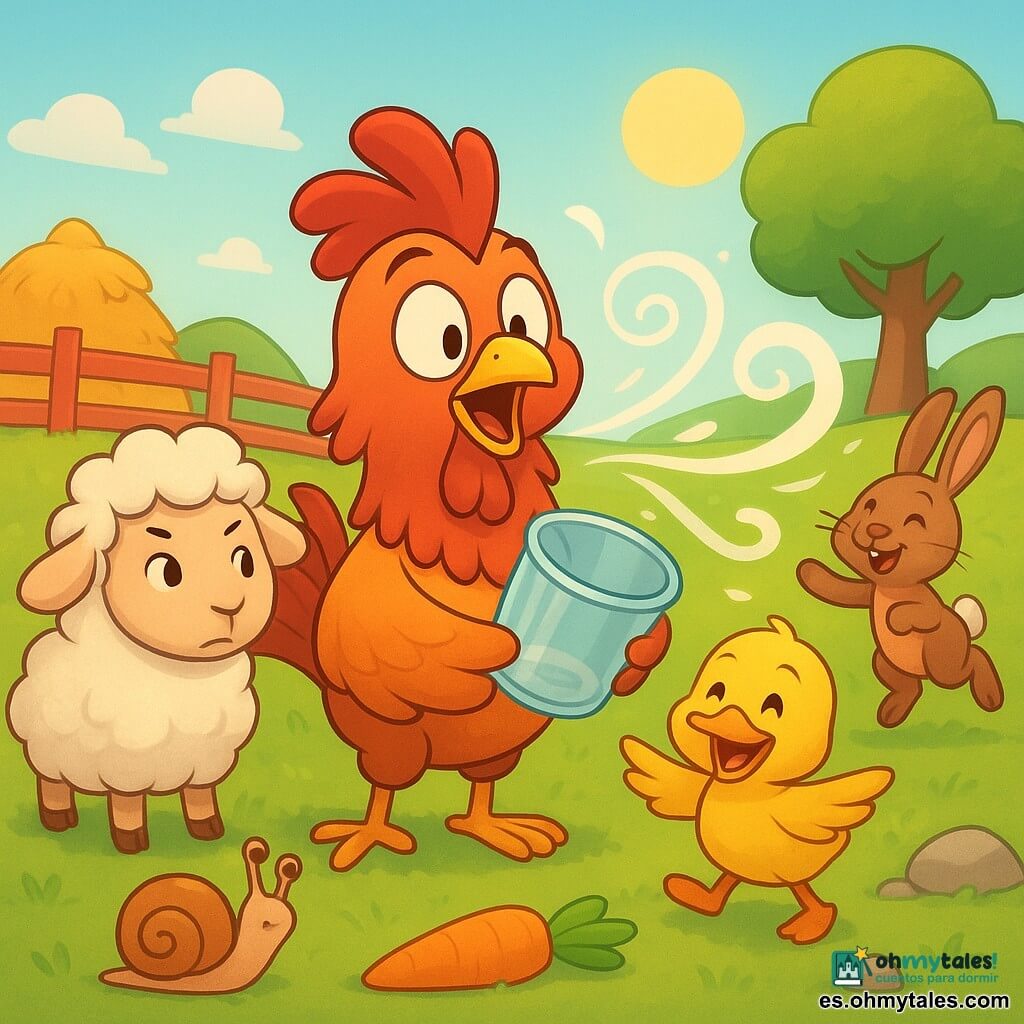 Un gallo alegre y algo sorprendido, de plumas rojas y pecho naranja, sostiene un cubo transparente que sopla un chorro de "aire" visible en espirales blancas que eriza sus plumas; a su izquierda, una oveja blanca llamada Nube, suave y lanosa, olfatea el viento con una pata levantada; detrás a la derecha, un pato amarillo llamado Pío-Pío ríe con las alas entreabiertas; al fondo, un conejo marrón llamado Brinco salta, tocado por pequeñas volutas de aire; en primer plano, un caracol marrón con concha beige mira sorprendido junto a una piedra. Escenario: una colorida granja en una colina con corral rojo, paja dorada, hierba verde, algunas piedras, una gran zanahoria y un árbol bajo un sol suave; el cubo ha volcado y las espirales de aire y plumas hacen reír y cosquillas a los animales en un ambiente alegre y tranquilo.