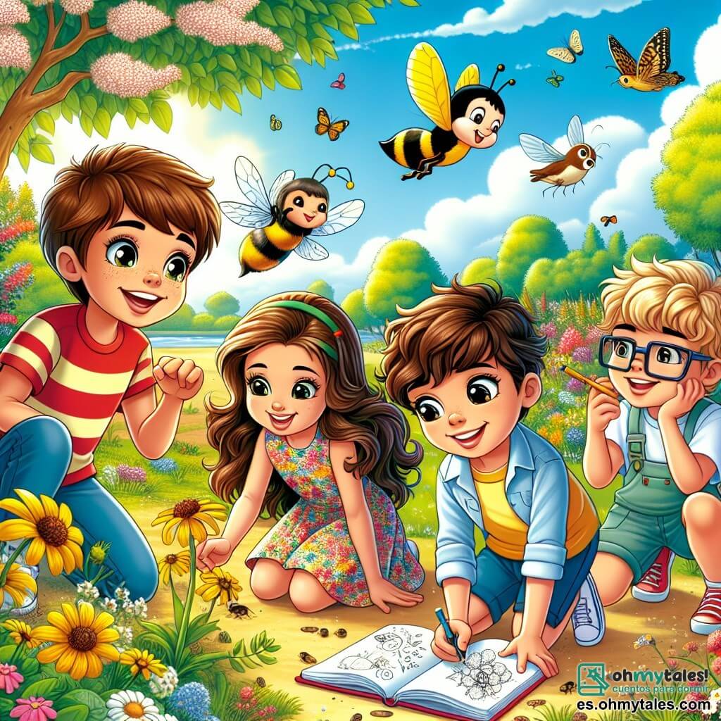 En un parque en plena floración, cuatro niños están reunidos para explorar la naturaleza. Lucas, un niño de 12 años con cabello castaño y ojos brillantes, observa una abeja en una flor amarilla con una gran sonrisa. A su derecha, Valentina, una niña de 12 años con cabello largo y negro, lleva un vestido colorido e imita el vuelo de una abeja, con los brazos extendidos. En el centro, Sofía, una niña de 12 años con cabello castaño y rizado, está agachada dibujando un canario en su cuaderno, concentrada y feliz. Por último, Mateo, un niño de 12 años con gafas y cabello rubio, se inclina para observar un escarabajo en el suelo con curiosidad. El parque es vibrante con colores primaverales, árboles en flor, hierba verde y mariposas danzando en el aire. El cielo es de un azul brillante, salpicado de nubes blancas y esponjosas, y el canto de los pájaros resuena a su alrededor. Los niños se divierten descubriendo insectos y aves, aprendiendo juntos la importancia de la naturaleza mientras juegan y ríen, creando recuerdos inolvidables bajo el sol primaveral.