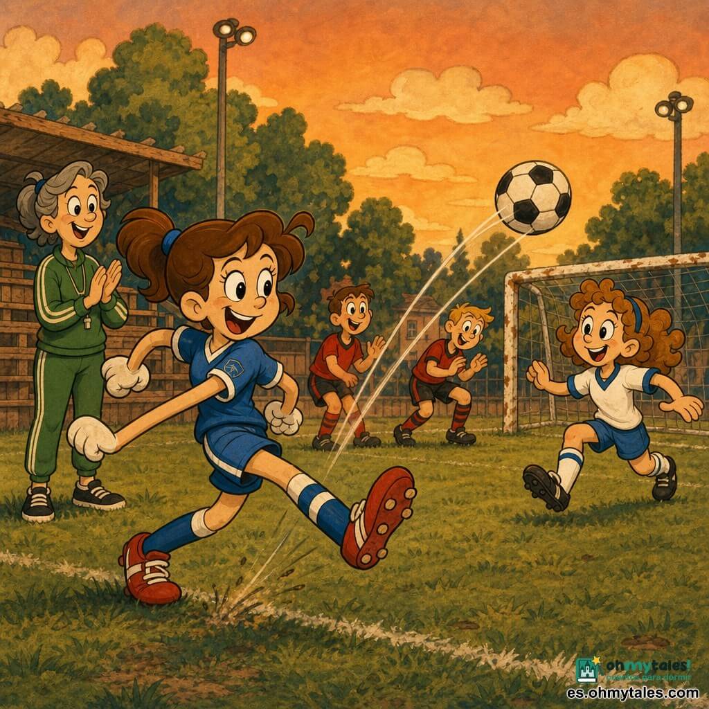 Sofía, niña de unos 11 años, feliz y concentrada, sonrisa amplia y ojos brillantes, pelo castaño recogido en coleta, camiseta azul y zapatillas de fútbol rojas, pasa con precisión con el pie derecho; Lili, otra niña de ~11 años, emocionada y sorprendida, rizos castaño claro, camiseta blanca con ribete azul, recibe el balón a pocos metros y prepara el tiro; la entrenadora señora Vega (~45), afable y orgullosa, pelo canoso recogido, ropa deportiva verde, aplaude desde la banda; al fondo dos chicos adversarios (~12) con camisetas rojas aplauden cerca de la portería; pequeño campo de barrio al atardecer, césped verde, porterías metálicas blancas algo gastadas, gradas de madera y árboles con farolas bajas, cielo naranja melocotón; momento del pase decisivo con el balón en el aire entre ambas, trayectoria curva visible, sensación dinámica y alegre, ambiente de equipo y juego limpio, colores saturados y formas redondeadas al estilo rubber hose.