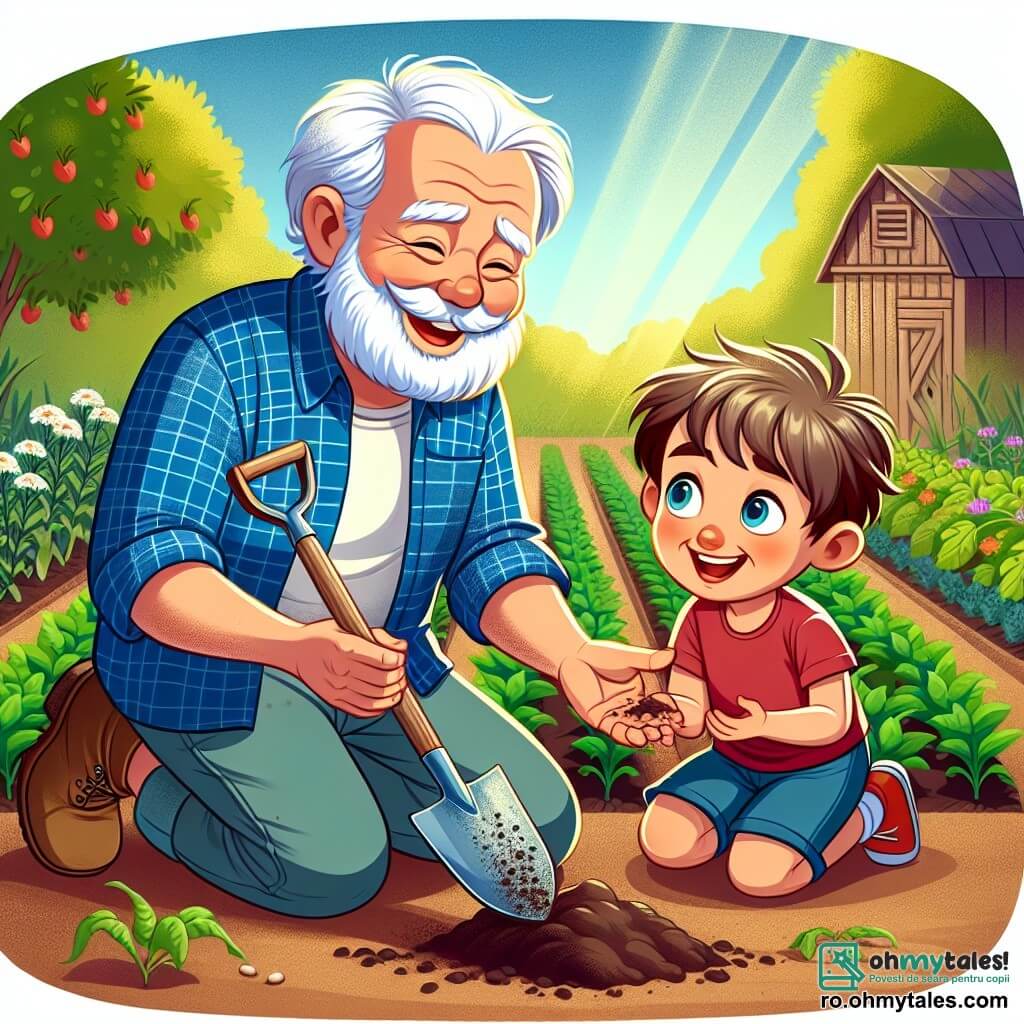 Un bărbat în vârstă, Moș Nicu, cu părul alb ca zăpada și o barbă moale, zâmbește cald în timp ce plantează semințe într-o grădină verde. Poartă o cămașă cu carouri albastre și pantaloni din pânză, iar mâinile îi sunt pline de pământ, arătând dragostea sa pentru fermă. Lângă el, un băiat de zece ani, Andrei, cu părul brunet și ochii strălucind de curiozitate, se apleacă să-l ajute, ținând o mică lopată din plastic. Poartă un tricou roșu și o pereche de pantaloni scurți, iar fața îi este luminată de un zâmbet larg de bucurie. Scena are loc într-o grădină însorită, înconjurată de rânduri de legume colorate, cu flori sălbatice care dansează în bătaia vântului. În fundal, se vede o veche grajd din lemn și pomi fructiferi plini de fructe coapte. Moș Nicu îi arată lui Andrei cum să planteze semințe, fiind plini de entuziasm și complicitate, împărtășind un moment prețios de descoperire și învățare la fermă.