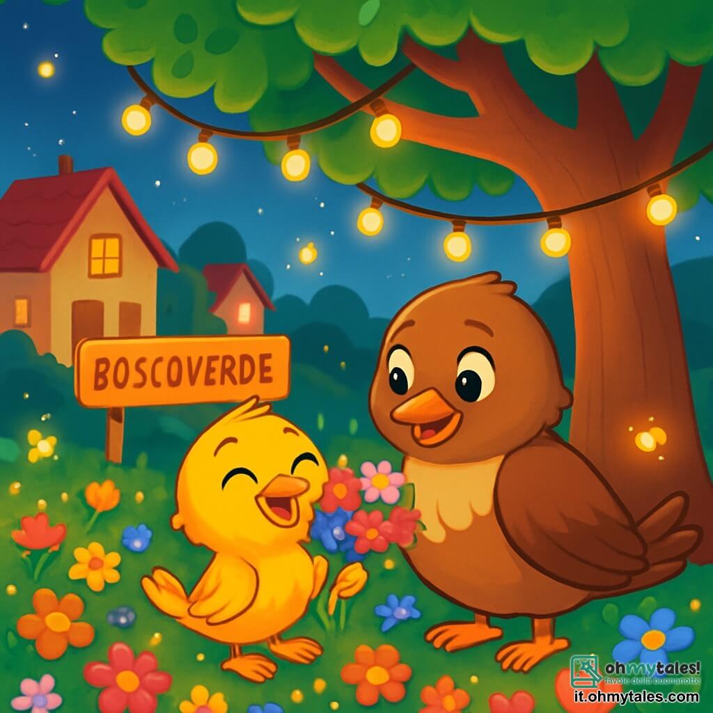 Un piccolo passerotto di nome Piumino, con un piumaggio giallo vivo e occhi scintillanti di gioia, è seduto sotto un grande albero con foglie verdi brillanti. Sorride ampiamente, tenendo nel becco un mazzo di fiori colorati, pronto a sorprendere la sua mamma. Accanto a lui, la dolce mamma Piuma, con un piumaggio marrone e occhi affettuosi, guarda il suo piccolo con meraviglia, il cuore colmo d'amore. Il luogo è un incantevole villaggio chiamato Boscoverde, dove fiori multicolori coprono il terreno e lucciole scintillanti danzano nell'aria della sera. La scena emana un'atmosfera festosa, con ghirlande di luci appese ai rami dell'albero, creando un'atmosfera magica per la festa della mamma. Piumino e la sua mamma condividono un momento tenero, circondati dai loro amici, celebrando insieme l'amore e la gioia di questa giornata speciale.