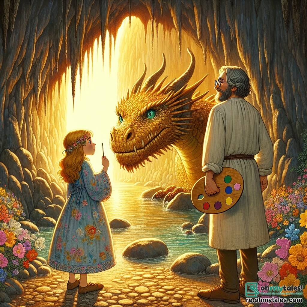 Isabella, o fetiță de 12 ani cu părul auriu și ochi albaștri, stă curajos în fața unui dragon măreț. Poartă o rochie ușoară dintr-un material colorat, împodobită cu motive florale, iar fața ei exprimă atât determinare, cât și uimire. Lângă ea, Leonardo, un bărbat de aproximativ 35 de ani cu o barbă îngrijită și ochelari rotunzi, observă dragonul cu curiozitate. Poartă o tunică din in și ține o paletă de vopsea într-o mână, în timp ce cealaltă mână este ridicată în semn de pace. Scena se desfășoară la intrarea unei peșteri misterioase, unde lumina aurie a soarelui filtrează prin deschidere, iluminând pereții umizi și strălucitori ai stâncii. Flori colorate înconjoară intrarea peșterii, adăugând o notă de magie mediului. Isabella și Leonardo se confruntă cu dragonul, care are solzi strălucitori ca aurul și ochi verzi strălucitori. Dragonul îi privește cu o expresie binevoitoare, pregătit să le dezvăluie un secret vechi.