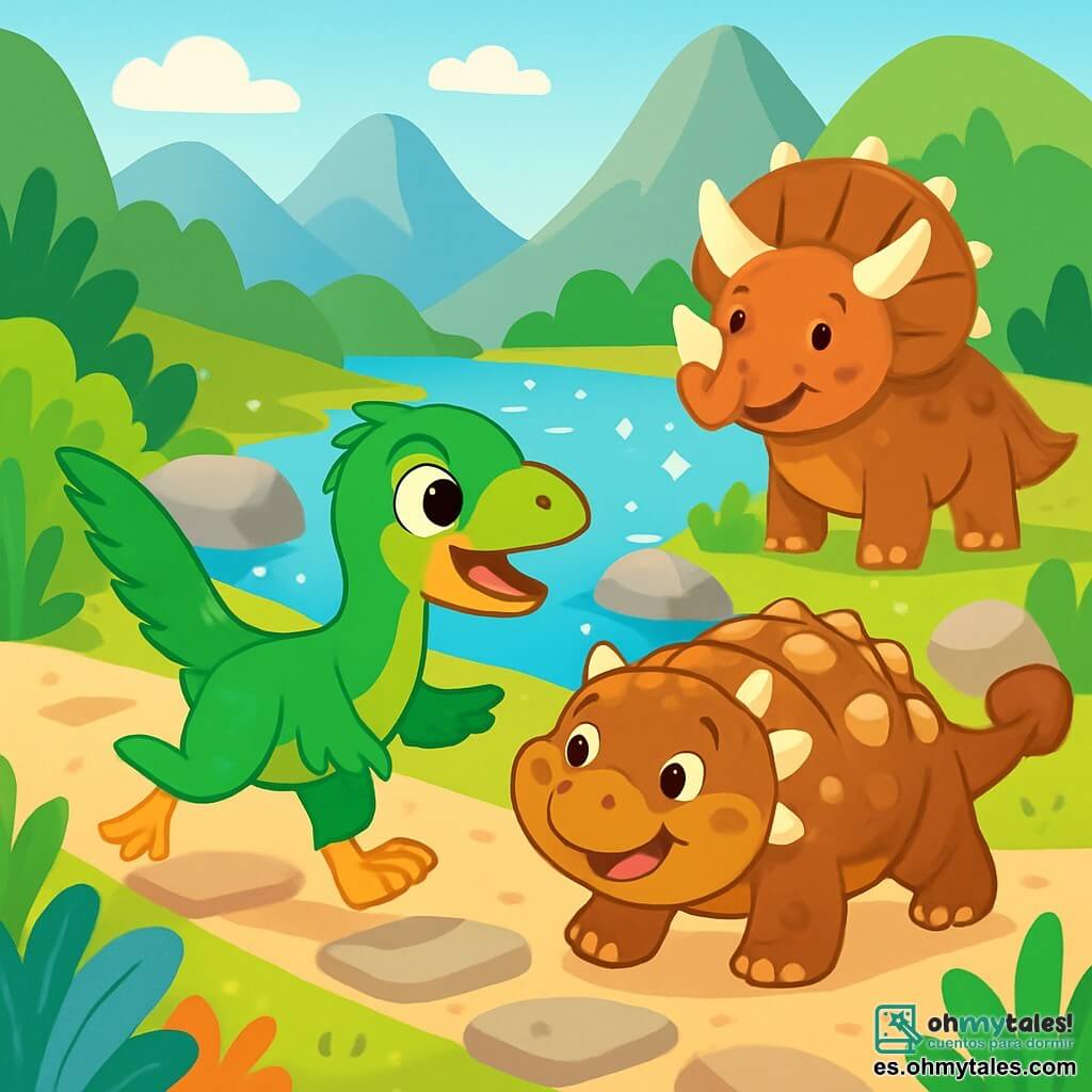 Un velociraptor alegre y curioso, con plumas verdes brillantes y ojos chispeantes, corre con entusiasmo por un camino de piedras. A su lado, un anquilosaurio de sonrisa dulce, con armadura marrón y cola masiva, lo observa riendo. Más lejos, un triceratops marrón con tres cuernos se mantiene orgulloso, observando la escena con benevolencia. Al fondo, un lago brillante con reflejos azules, rodeado de grandes piedras y plantas coloridas, ilumina el paisaje. Los dinosaurios se divierten juntos, saltando sobre rocas y salpicando agua, creando una atmósfera de alegría y amistad en el corazón de la montaña prehistórica.