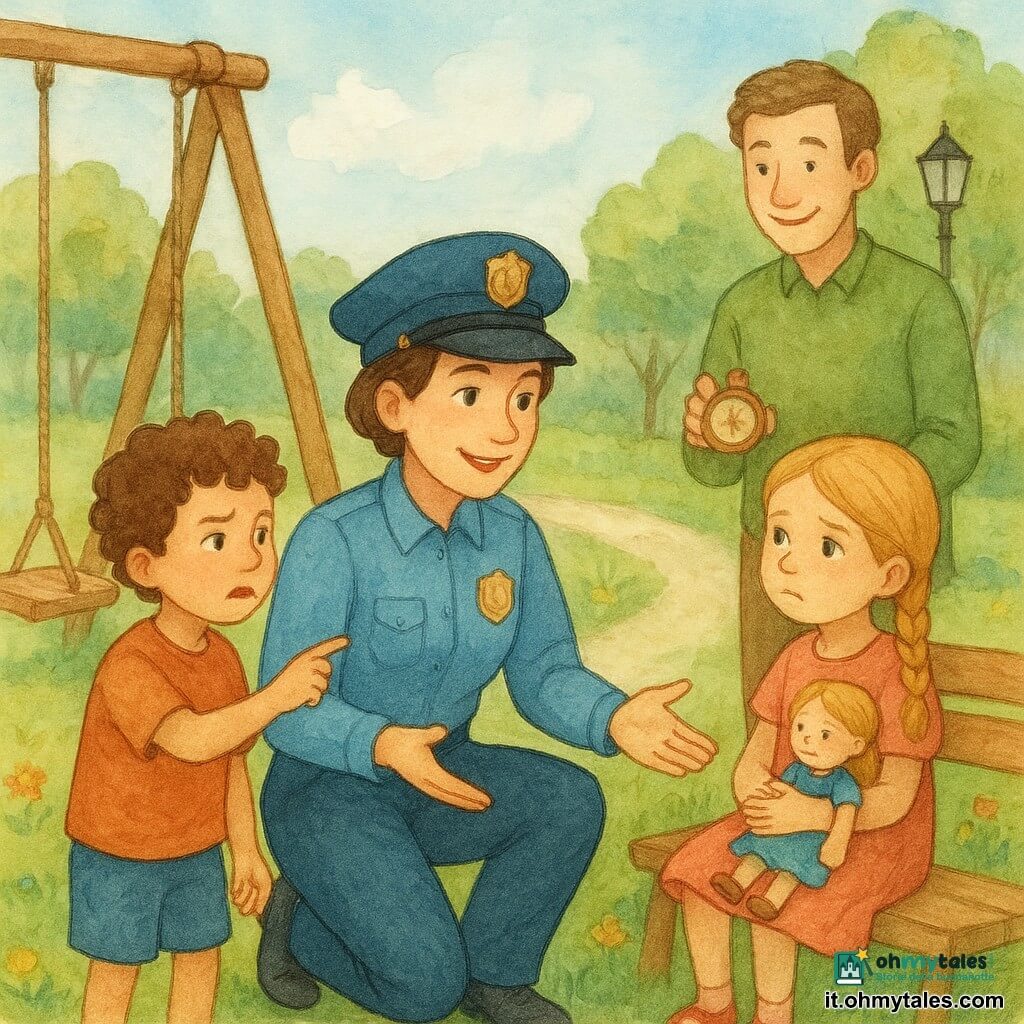 Una poliziotta sorridente di circa 30 anni, capelli corti castani, uniforme azzurro chiaro con distintivo, inginocchiata vicino a un’altalena di legno parla con calma ai bambini con espressione calda e mani aperte; un bambino di circa 6 anni, capelli mossi castani, contrariato ma curioso, a sinistra indica la corda guardando la poliziotta; una bambina di circa 5 anni, capelli biondi lunghi in treccia, inizialmente accigliata ma ormai più serena, seduta su una panchina con una bambola volta verso la poliziotta; un mediatore uomo di circa 35 anni in abito casual verde sorride dietro i bambini offrendo un cronometro di legno per favorire i turni; il parco è luminoso con prato verde, fiori, alberi, sentiero di ghiaia, lampione in ferro battuto e cielo azzurro; situazione: risoluzione di un piccolo conflitto per l’altalena — la poliziotta organizza i turni dolcemente, i bambini iniziano a sorridere e a tenersi per mano in un clima di aiuto e gioco.