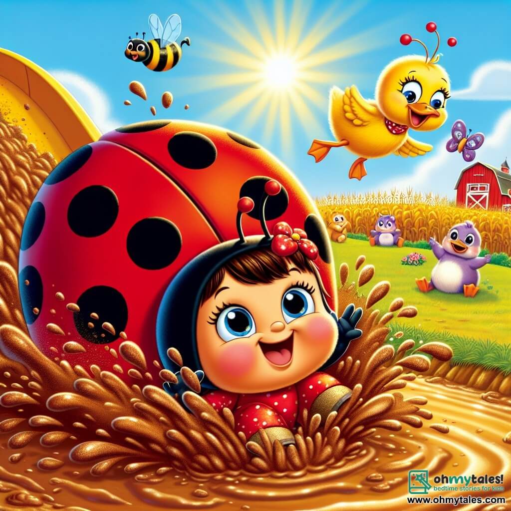 Lila, the little ladybug, is at the center of the image, with her red wings dotted with shiny black spots. She has large, sparkling eyes filled with excitement and a radiant smile as she joyfully slides down a muddy slide, splashing dirt around her. To her right, Daisy, the bright yellow duck, is sliding with her, her feathers slightly ruffled and a big laugh on her face. To the left, Benny, the plump bumblebee, is flying in the air, his translucent wings shimmering in the sun, encouraging them enthusiastically. The setting is a sunny farm, with a bright blue sky and golden cornfields stretching as far as the eye can see. In the background, a bright red barn and gathered animals can be seen, laughing and cheering, creating a festive atmosphere. The scene captures the moment when Lila and her friends are having fun on the Splishy-Splashy Mud Slide, splashing mud and sharing laughter, embodying the joyful and playful spirit of the day.