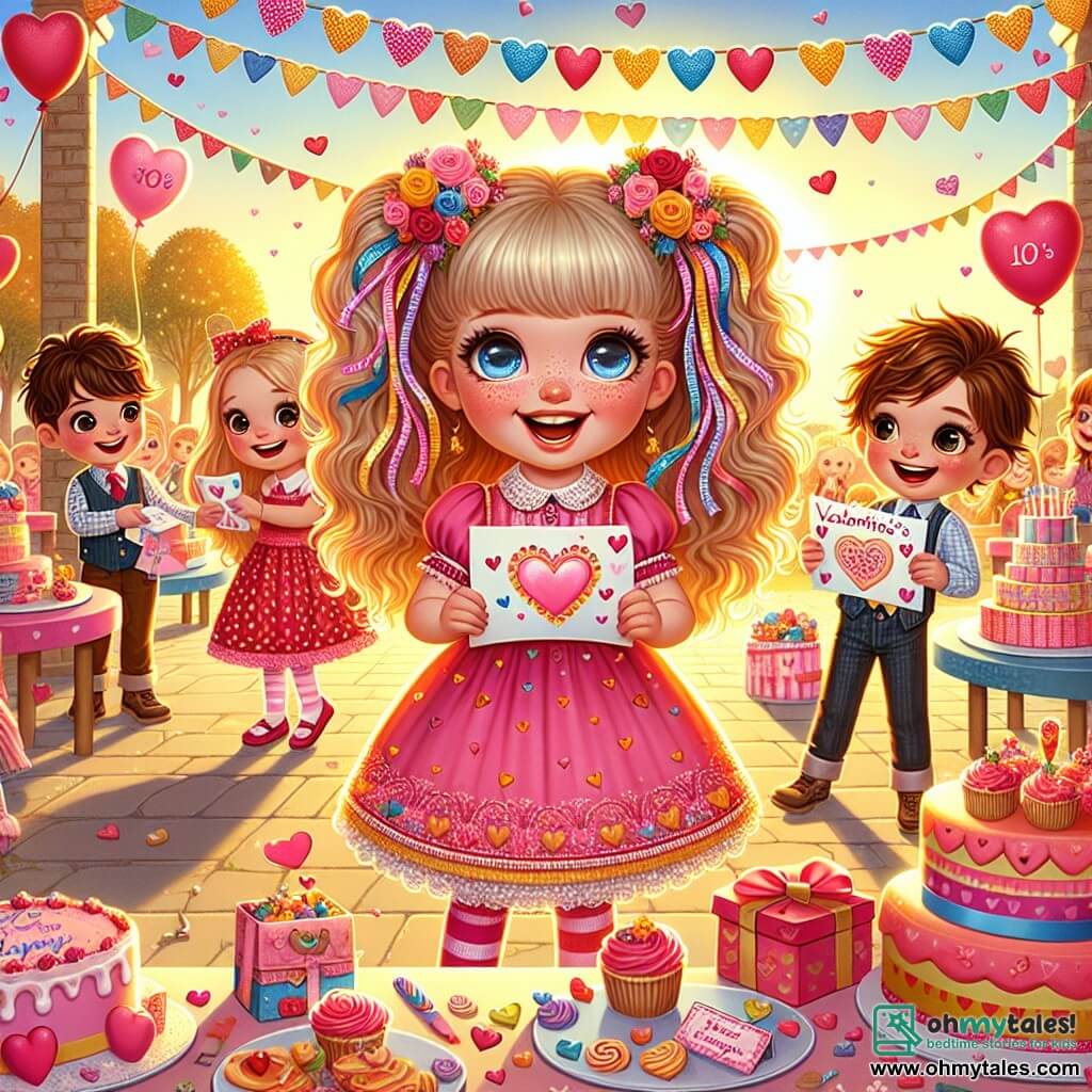 A 10-year-old girl named Lily stands in the center of the image, with sparkling eyes and a radiant smile. She wears a pink dress adorned with small hearts and has pigtails tied with colorful ribbons. Lily is handing out Valentine's cards to her friends, her face beaming with excitement and joy. To her right, Jake, a 10-year-old boy with messy brown hair, holds a card decorated with fun drawings. He has a big smile and seems eager to share his card. To the left, Emma, a 9-year-old girl with golden curls and a polka dot dress, laughs while holding a heart-shaped candy box, ready to share it with her classmates. The scene takes place in a sunny schoolyard, decorated with colorful garlands and heart-shaped balloons floating in the air. Tables are covered with cakes, cupcakes, and treats, creating a festive and joyful atmosphere. Lily and her friends are preparing for their Valentine's Day party, exchanging cards and candies, surrounded by laughter and happiness, illustrating the spirit of friendship and sharing on this special day.