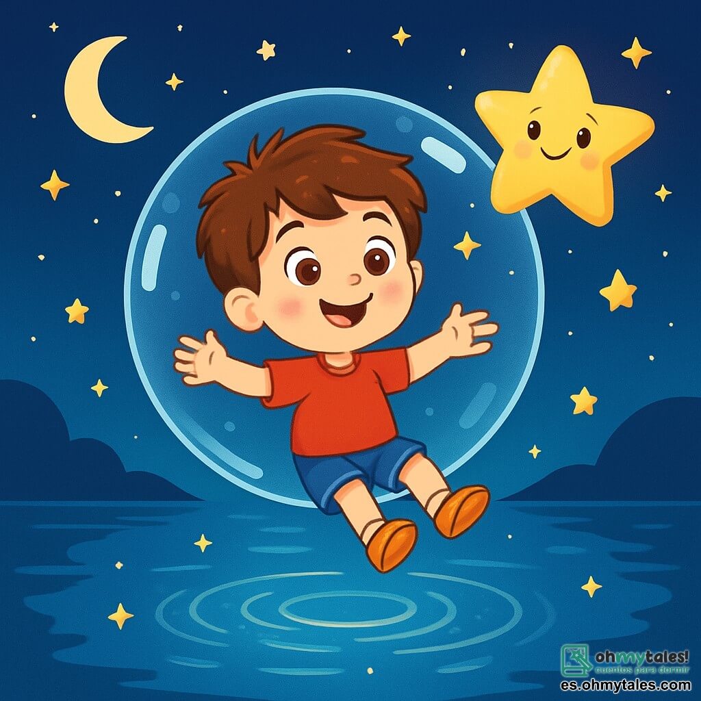 Un niño de 6 años, con cabello castaño desordenado y ojos brillantes de curiosidad, flota en una gran burbuja transparente sobre un lago resplandeciente. Tiene una sonrisa maravillada y sus brazos están abiertos, como si abrazara el cielo estrellado a su alrededor. Cerca, una estrella sonriente, con ojos suaves y luz dorada, brilla y parece bailar, añadiendo un toque mágico a la escena. El lugar es un cielo nocturno profundo, salpicado de estrellas brillantes y un creciente de luna plateada, mientras que abajo, el lago refleja la luz de las estrellas como un espejo. La superficie del agua está tranquila, con suaves ondulaciones que crean círculos luminosos. La situación principal muestra al niño flotando pacíficamente en su burbuja, rodeado de sueños coloridos que escapan del lago, mientras una melodía suave e invisible parece envolver el aire, creando una atmósfera de serenidad y magia.